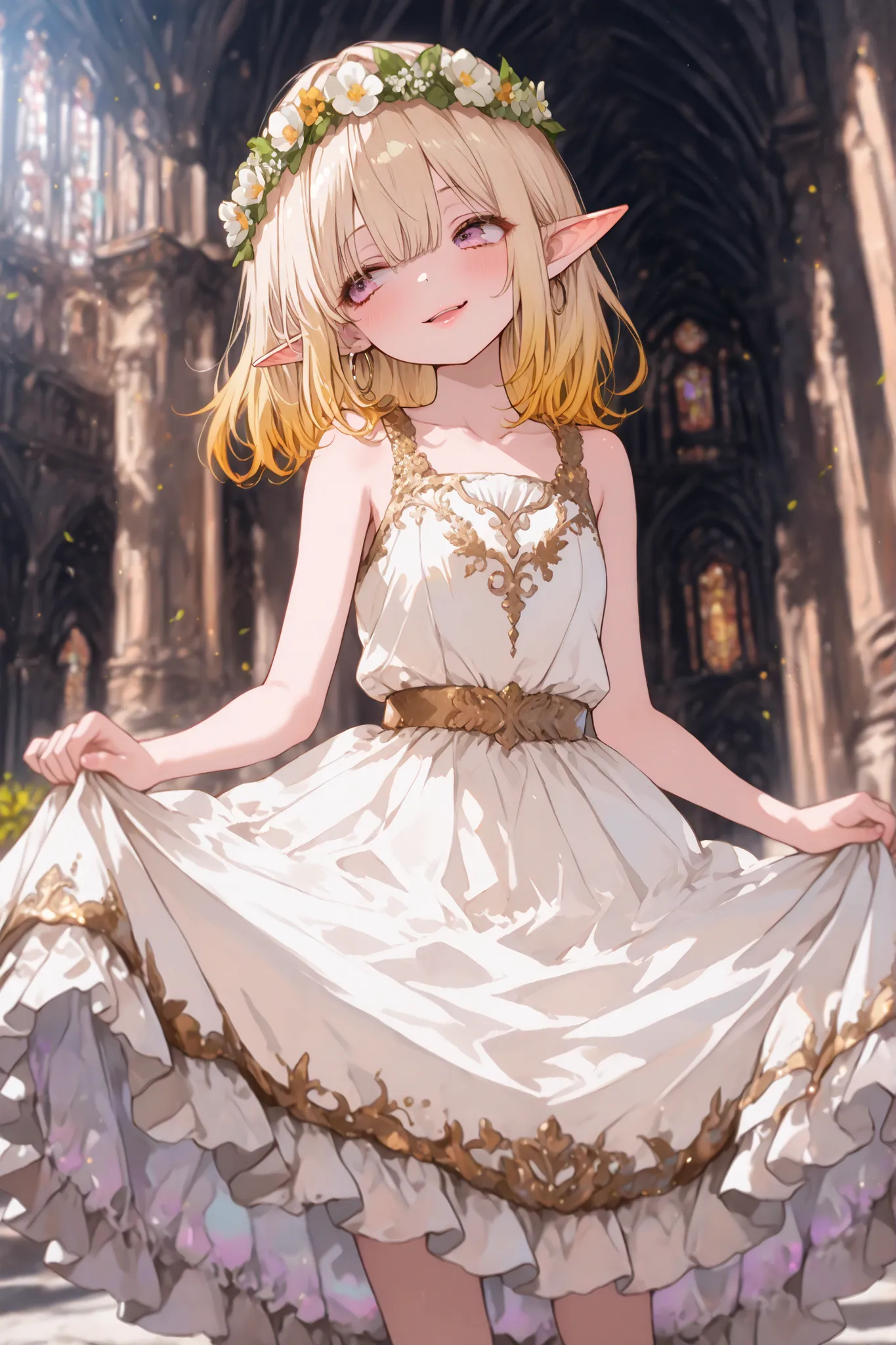 ((Masterpiece)), ((best quality, amazing quality)), (wide shot), ((very aesthetic, absurdres, newest)), ((detailed background, negative space, blurry background, depth of field)), (drop shadow), (8K), ((1girl)), (cute young girl), (Healthy body, Textured s...