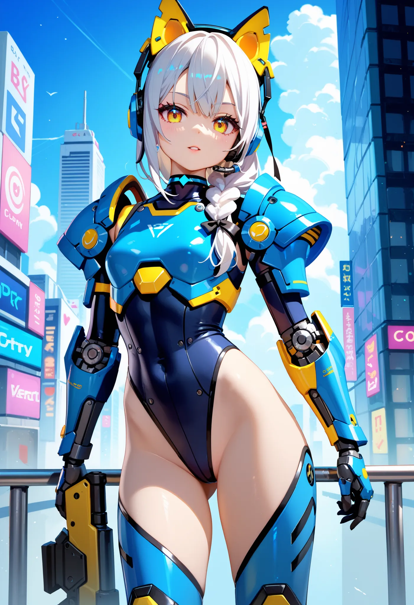 Highest Quality, Detailed depiction of the eyes, one female, youth, slender body, foxy , grayish white hair , long hair, one side braid grated , Big cat eyes, chrome yellow color eyes, cyber punk, iron blue mechanical arm guards , iron blue mechanical leg ...