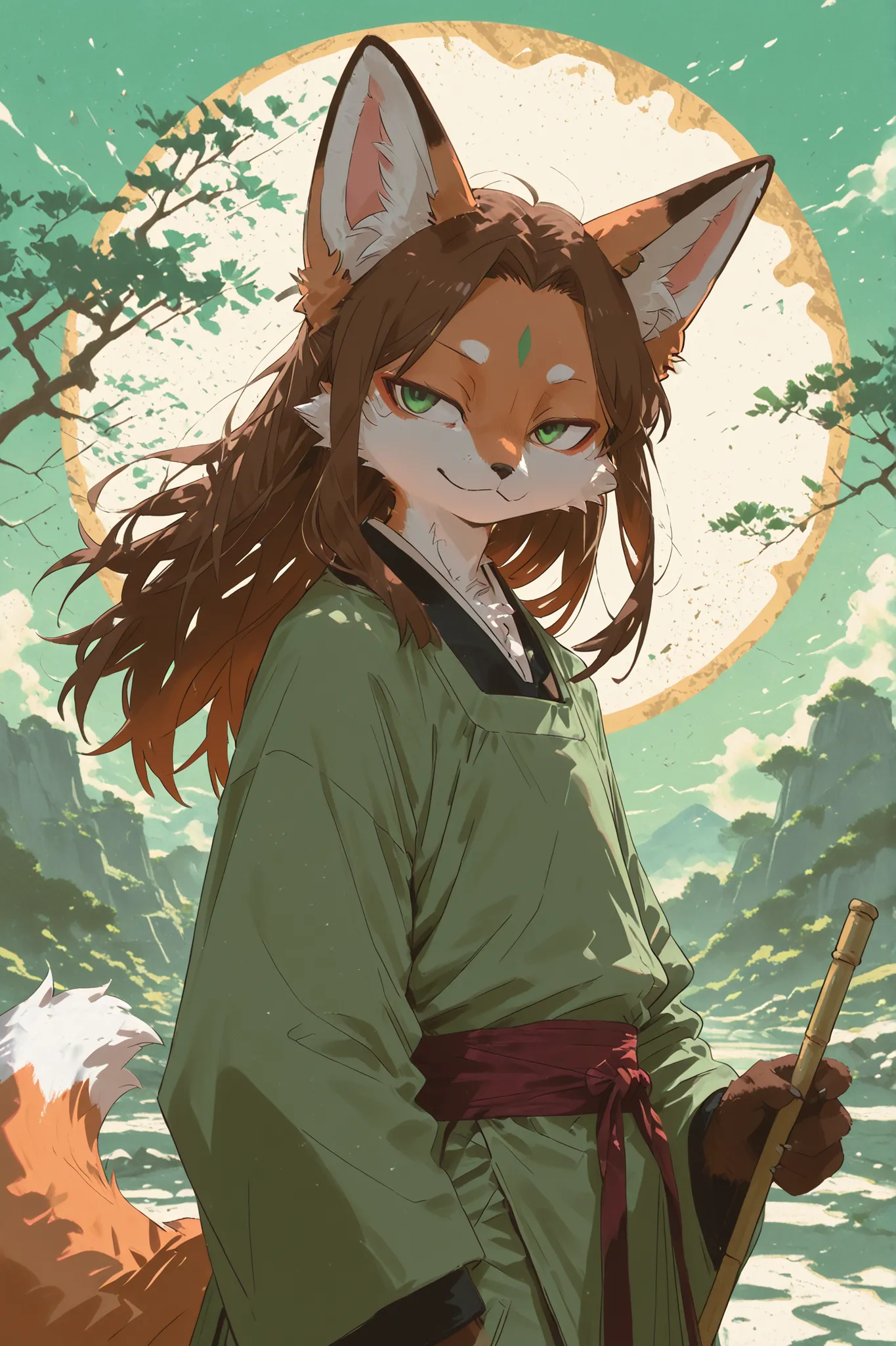 Kemono,Kemono style, male fox character with long brown fur and long brown hair, wearing traditional Chinese Hanfu green . He has green eyes and a calm, noble expression. The illustration should emphasize the elegant and mystical atmosphere, detailed fur t...