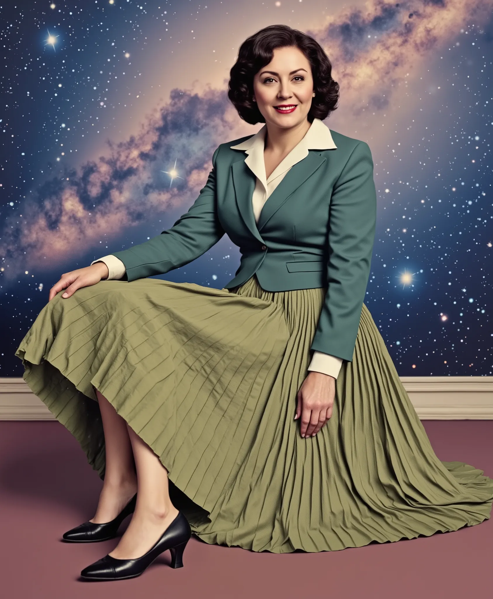 In an interstellar office adorned with vintage charm, a demure, mature therapist, dressed in a crisp uniform jacket and a blouse, reveals her alluring feminine grace. Her long, pleated skirt flows dramatically as the subtly lifts it, each fold a testament...