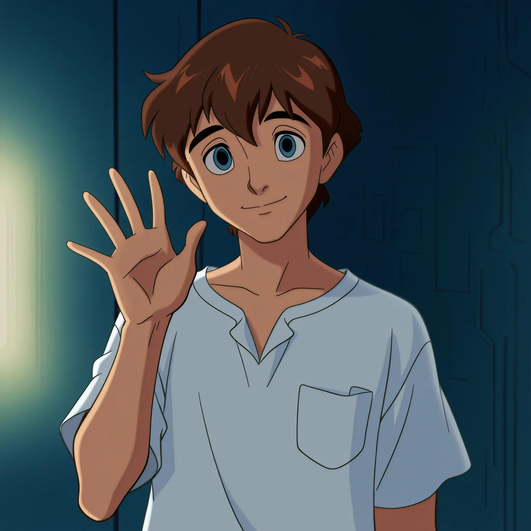 DisneyClassics,disney score_9, score_8_up, score_7_up, source_anime, masterpiece, best quality, lots of details, lab background, detailed lighting, BREAK
1boy, solo, 18 years old, adult, shinjieva, brown hair, blue eyes, short hair, white shirt, short slee...