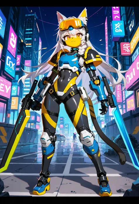 Highest Quality, Detailed depiction of the eyes, one female, younger, slender body, foxy , grayish white hair , long hair, one side braid grated , Big cat eyes, chrome yellow color eyes, cyber punk, iron blue mechanical arm guards , iron blue mechanical le...