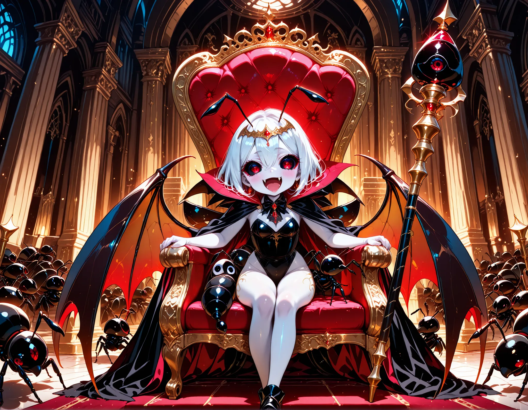 Very High resolution,cute anime-style,masterpiece,best quality,amazing quality,hyper-detailed,very aesthetic,A luxurious palace,Throne room,A female ant queen vampire,Sitting leisurely on her throne,Facing forward,White skin,White hair,Black ant antennae,A...