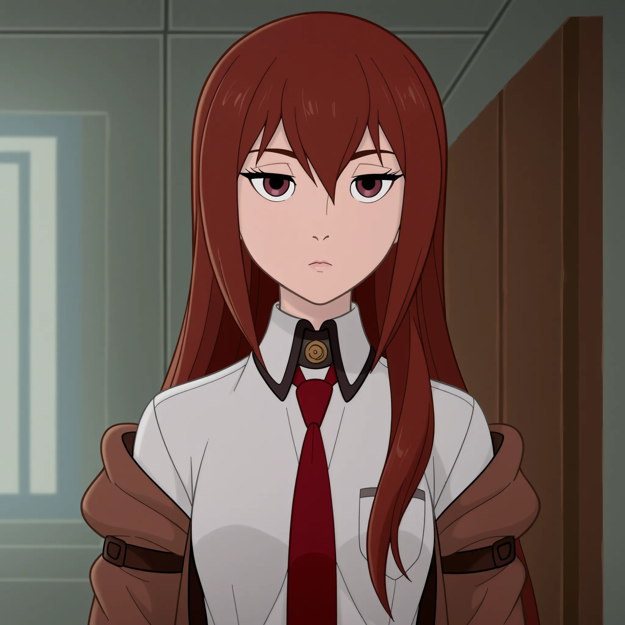 DisneyClassics,disney 1girl,solo,kurisu makise,long hair,red necktie,jacket,brown hair,collared shirt,indoors,emotionless <lora:Kurisu_Makise_-_SteinsGate.safetensors:0.8> 