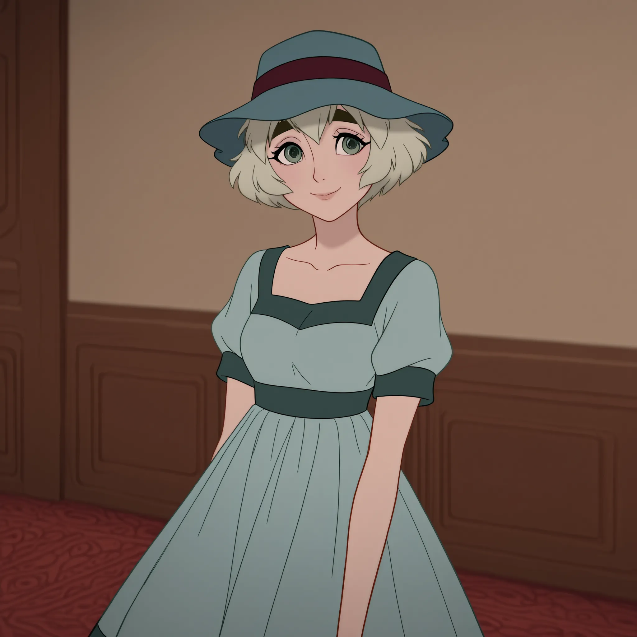 DisneyClassics,disney 1girl,solo,mayuri shiina,short hair,hat,thick eyebrows,collarbone,dress,green eyes,short sleeves,indoors,smile <lora:Mayuri_Shiina_-_SteinsGate.safetensors:0.8>