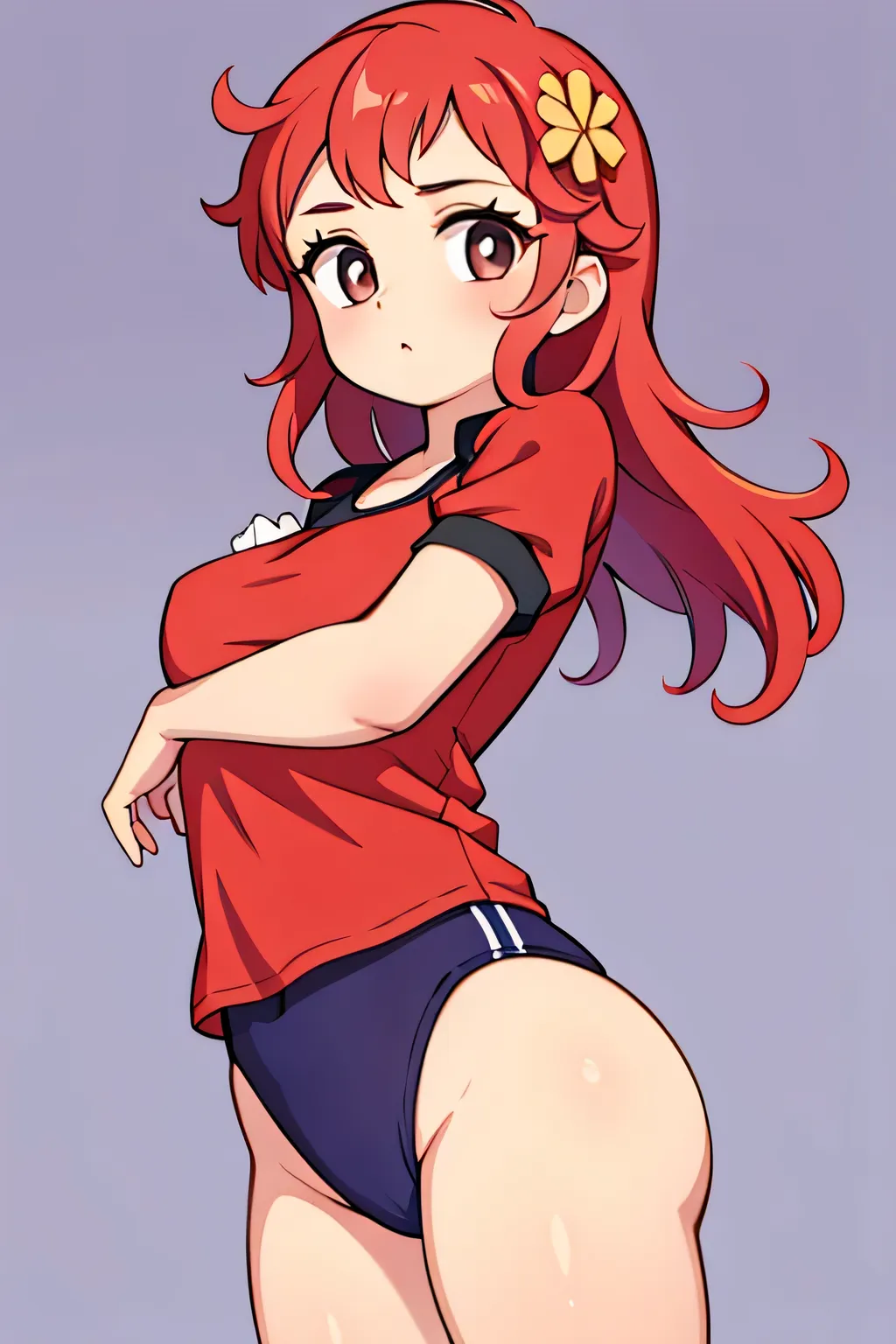 (masterpiece, best quality:1.2), 1 girl, alone,red hair，blouse，blouse details，clean background、looking at viewer, , ,, masterpiece, best quality:1.4,high quality, detail, young teen, Black gymnastics bloomers, High leg