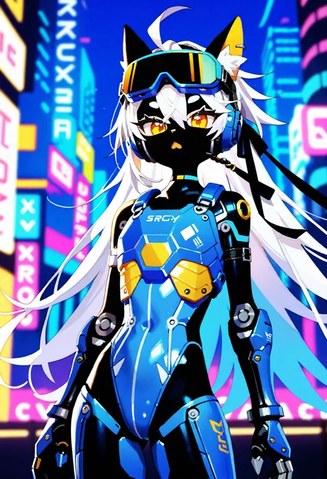 Highest Quality, Detailed depiction of the eyes, one female, younger, slender body, foxy , grayish white hair , long hair, one side braid grated , Big cat eyes, chrome yellow color eyes, cyber punk, iron blue mechanical arm guards , iron blue mechanical le...