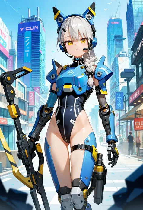 Highest Quality, Detailed depiction of the eyes, one female, youth, slender body, foxy , grayish white hair , long hair, one side braid grated , chrome yellow color eyes, cyber punk, iron blue mechanical arm guards , iron blue mechanical leg guards , Black...