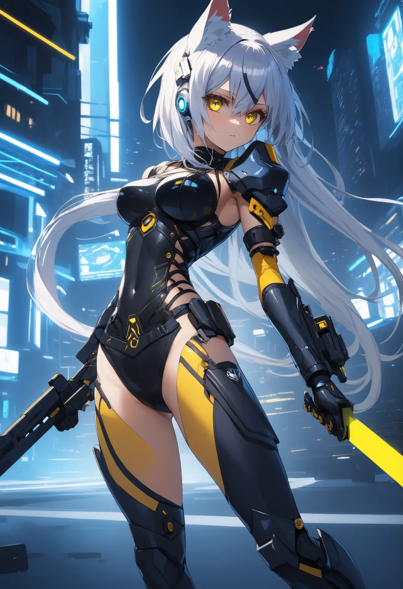 Highest Quality, Detailed depiction of the eyes, one female, younger, slender body, foxy , grayish white hair , long hair, one side braid grated , Big cat eyes, chrome yellow color eyes, cyber punk, iron blue mechanical arm guards , iron blue mechanical le...