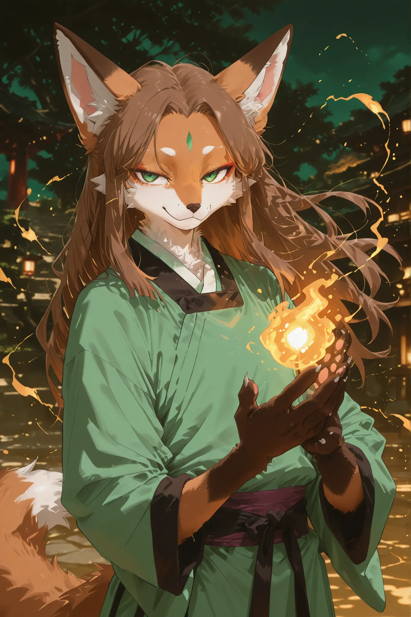 Kemono,Kemono style, male fox character with long brown fur and long brown hair, wearing traditional Chinese Hanfu green . He has green eyes and a calm, noble expression. The illustration should emphasize the elegant and mystical atmosphere, detailed fur t...