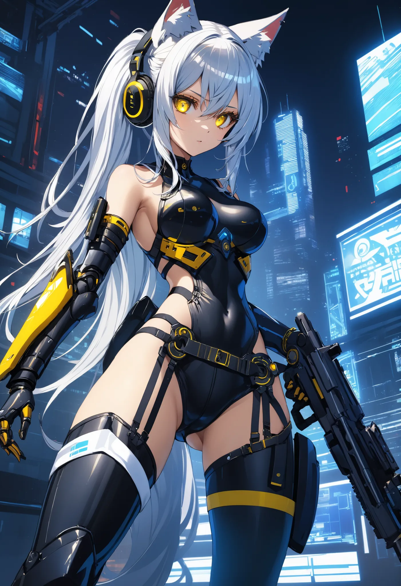 Highest Quality, Detailed depiction of the eyes, one female, younger, slender body, foxy , grayish white hair , long hair, one side braid grated , Big cat eyes, chrome yellow color eyes, cyber punk, iron blue mechanical arm guards , iron blue mechanical le...