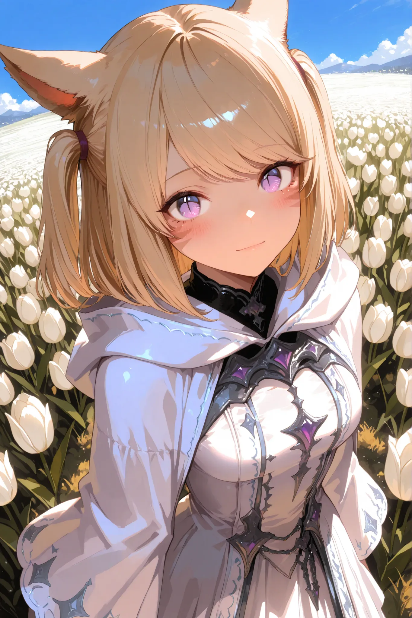 masterpiece,ultra detailed,8k,beautiful,a girl,((Miqo'te)),15yo,medium hair,two side up hair, ((swept bangs)),blonde, light purple eyes, (eyes are wide open),big eyes,ingenuous face, Cute White Witch Robe, light smile, white Tulip flower field,standing, bl...