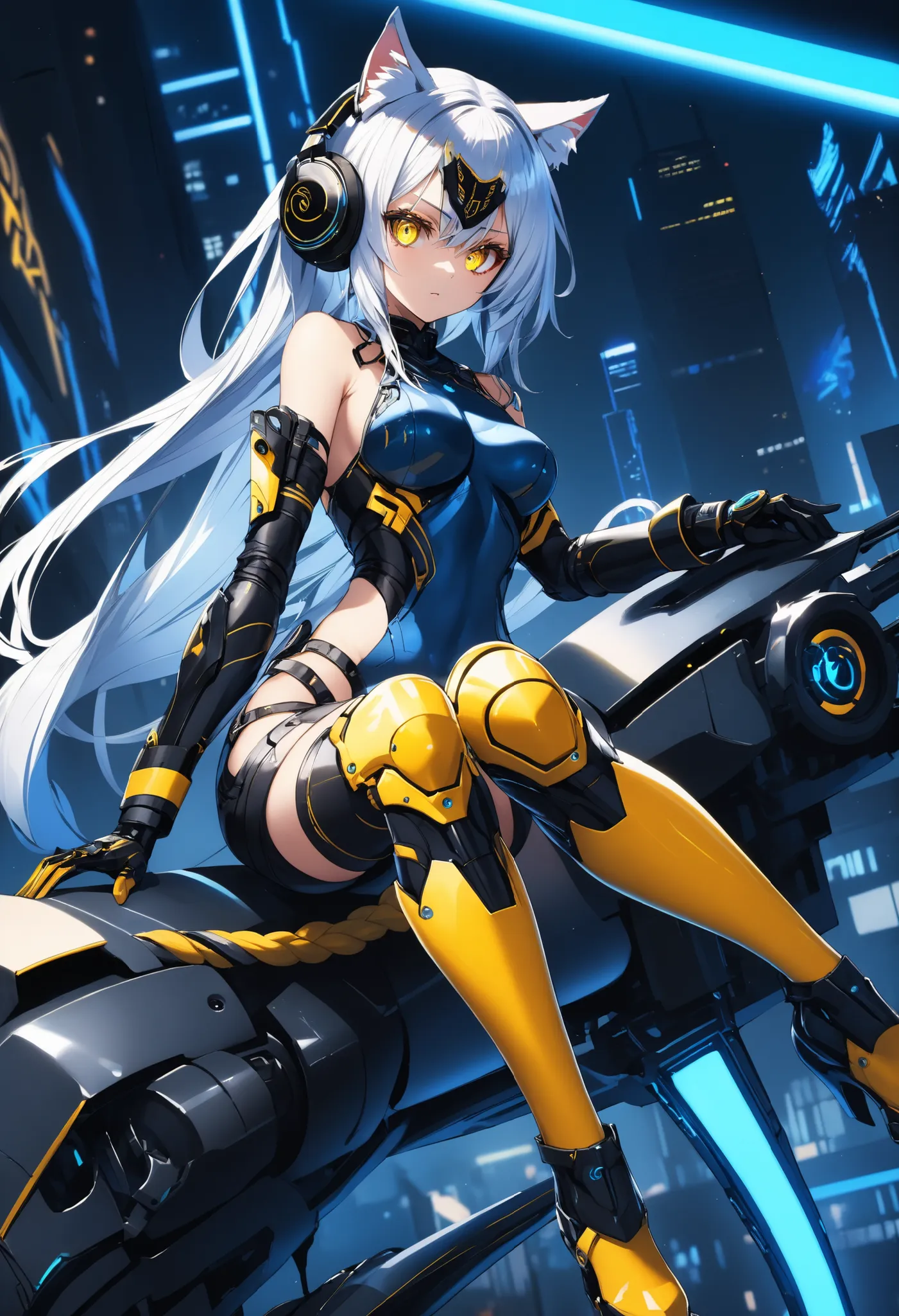 Highest Quality, Detailed depiction of the eyes, one female, younger, slender body, foxy , grayish white hair , long hair, one side braid grated , Big cat eyes, chrome yellow color eyes, cyber punk, iron blue mechanical arm guards , iron blue mechanical le...