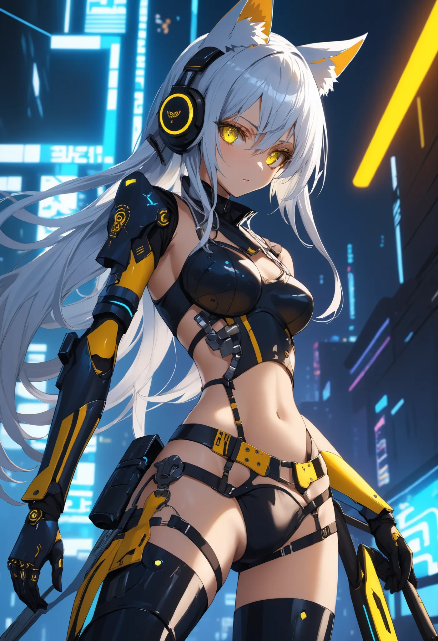 Highest Quality, Detailed depiction of the eyes, one female, youth, slender body, foxy , grayish white hair , long hair, one side braid grated , Big cat eyes, chrome yellow color eyes, cyber punk, iron blue mechanical arm guards , iron blue mechanical leg ...