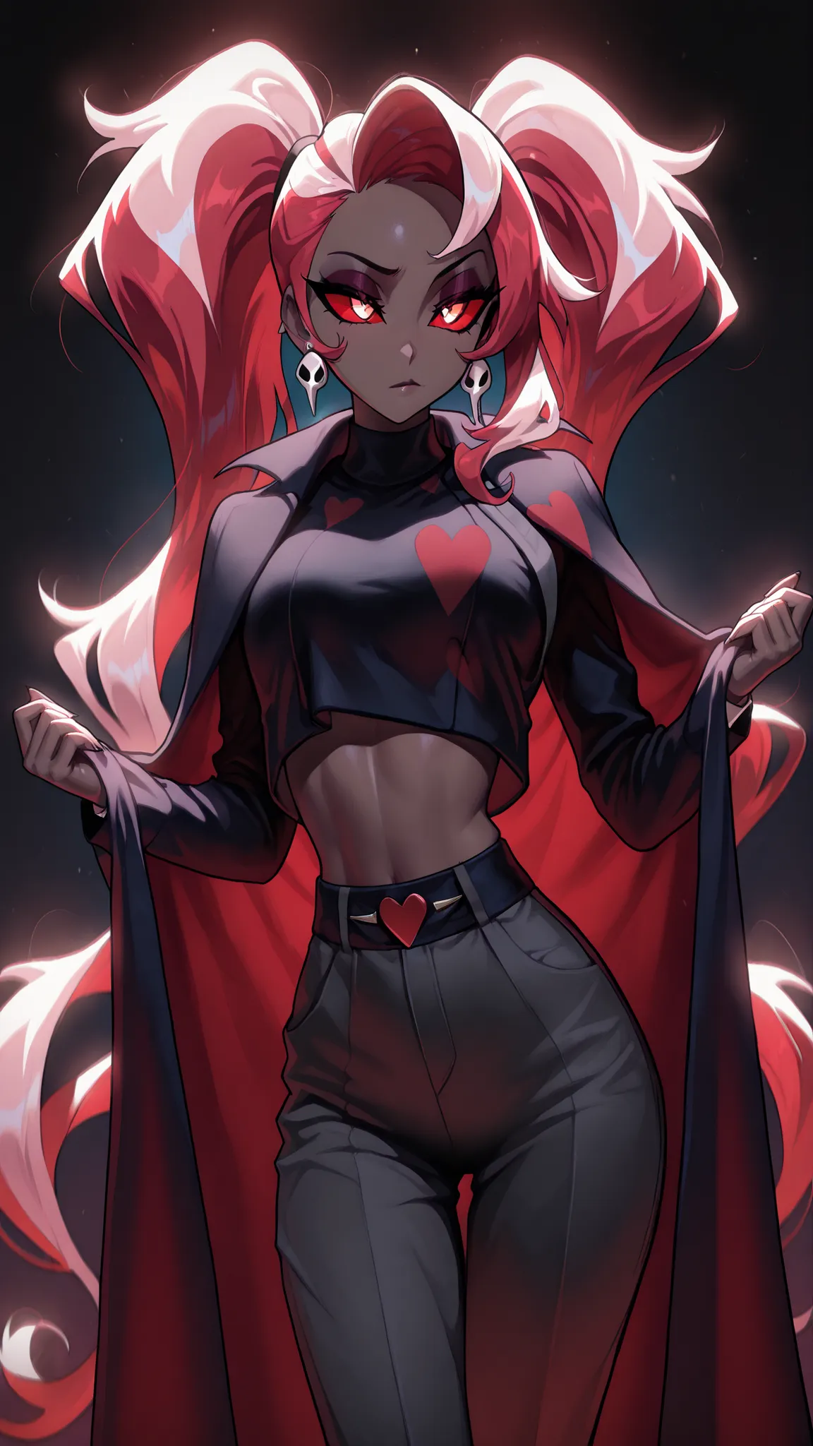 Hearts,Crop Top,Multicolored Hair,Striped,Red Hair,Pink Hair,Cape,Eyeshadow,Midriff,Colored Sclera,Twintails,Earrings,Velvette,Long Hair,Dark Skin,Colored Skin,dark background,backlighting,(masterpiece, detailed:1.2), office lady attire, fitted formal pant...