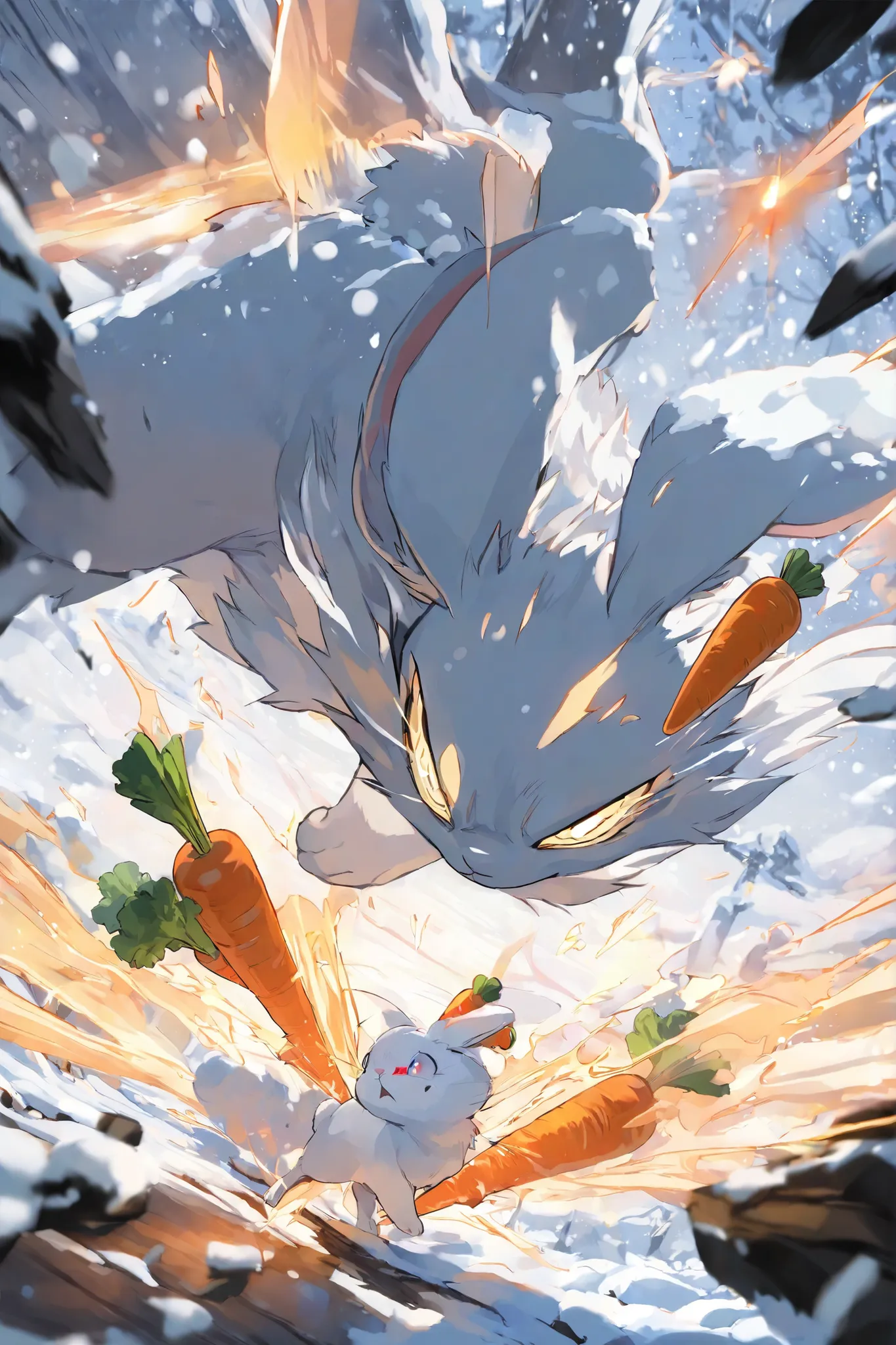 masterpiece, best quality,1 rabbit,best quality,heroic pose,dynamic angle,dynamic background,with effect, high angle shot,like CCTV footage, outward flow of magic or particles, face clearly visible, character illuminated from within,animal,carrot,snow