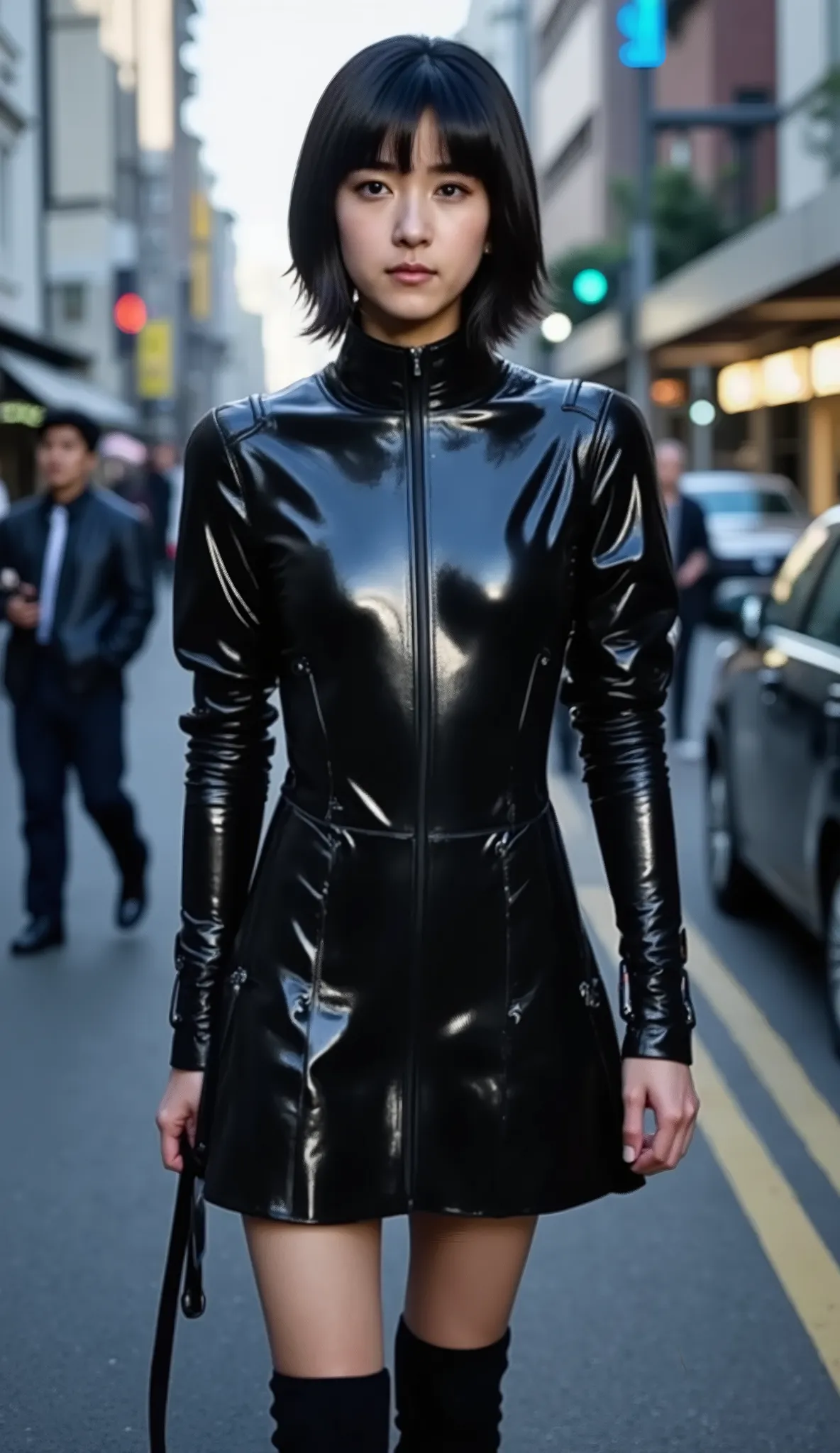 (((Take a picture looking up at the subject from a low position)))、((wearing a leather bodySuit、 Suit、 skirt、boots)),((bob cut short hair、Align your bangs、8 heads))、(Enlarged view of a shining futuristic city)、(wearing a leather bodySuit,without helmet, ...