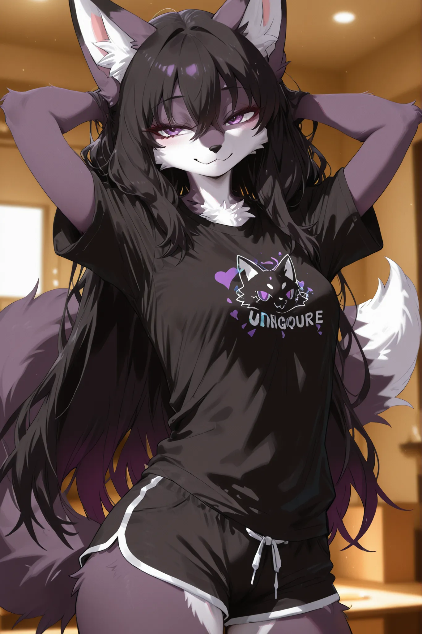 Kemono,(masterpiece, detailed:1.2),furry, fox woman, cute, sexy, black fur, kemono style, unique purple eyes, medium bust, long hair, black hair, t-shirt, black shorts, glossy fur" ,Long snout