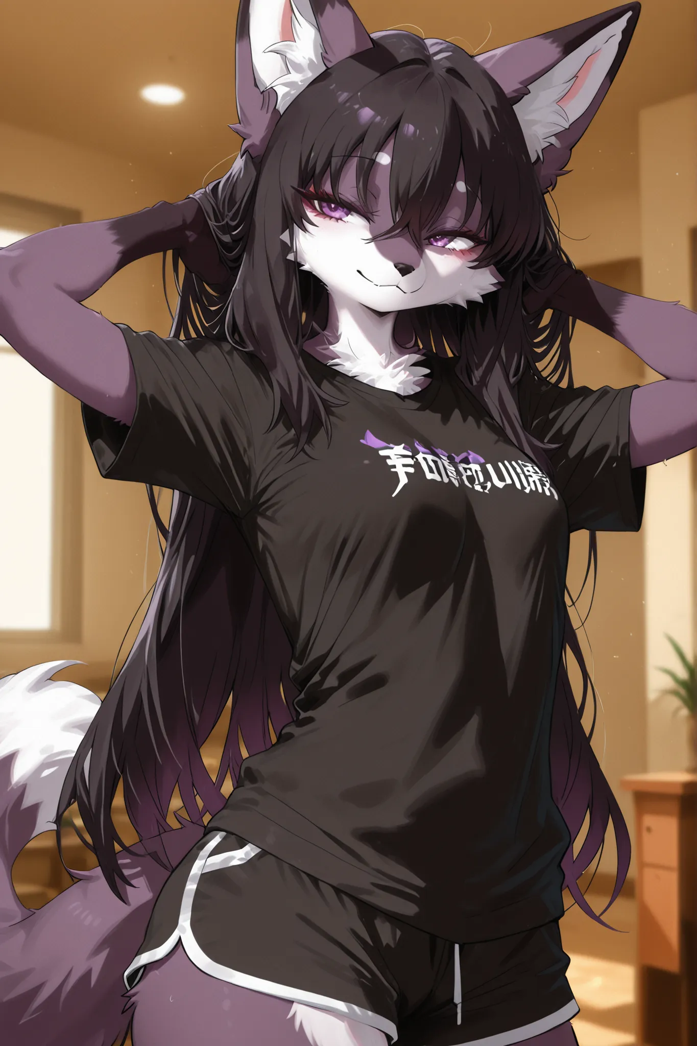 Kemono,(masterpiece, detailed:1.2),furry, fox woman, cute, sexy, black fur, kemono style, unique purple eyes, medium bust, long hair, black hair, t-shirt, black shorts, glossy fur" ,Long snout