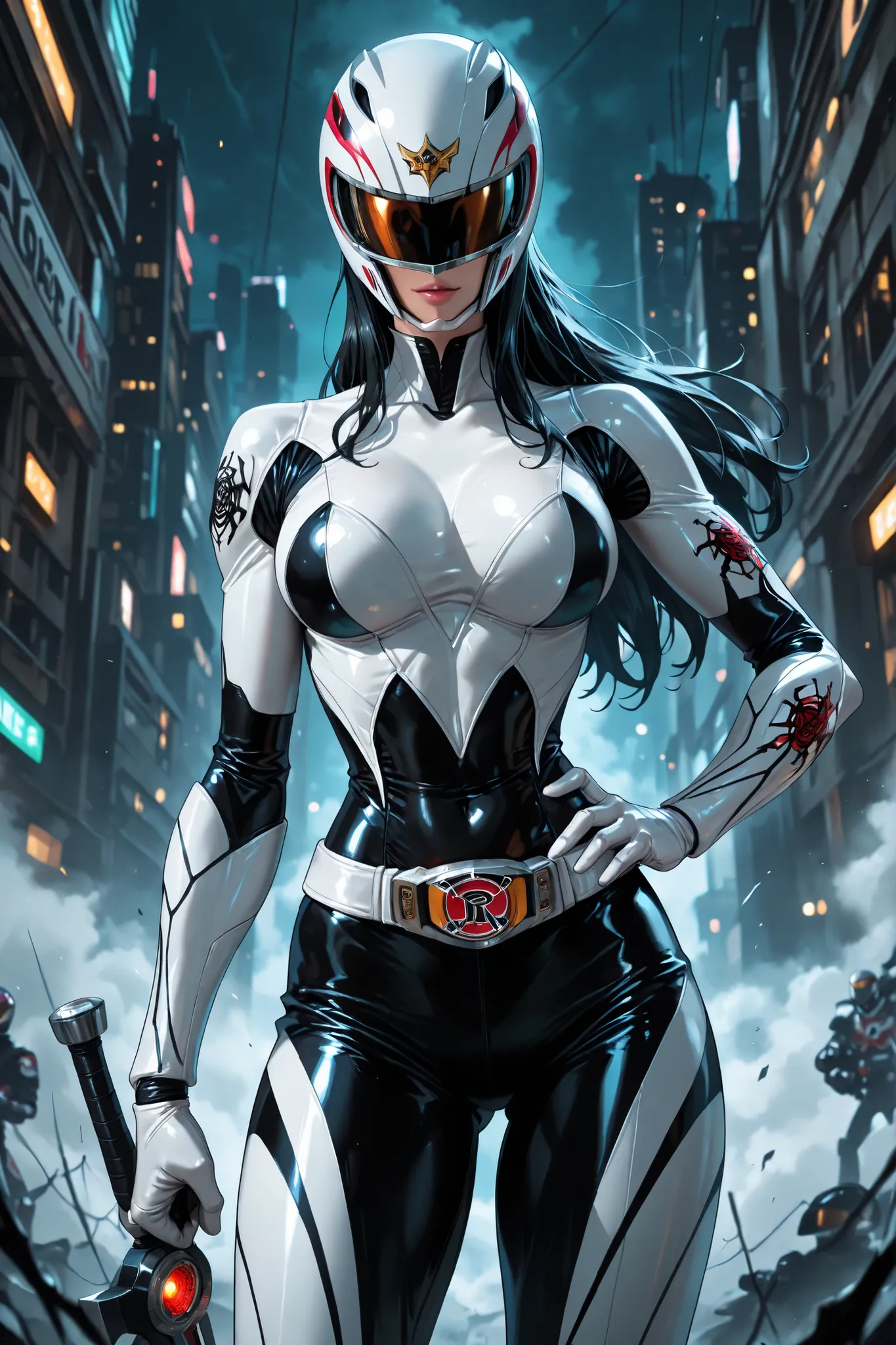 1girl, Nico Robin, (power ranger suit:black and white, spider motif,1.9), black hair, long hair, stand on futuristik city, (best Anatomy,1.2), (fine fingers,1.3), (black saber weapon,1.9), seductive expression, (helmet on her arm and Hips,1.9), spider zord...