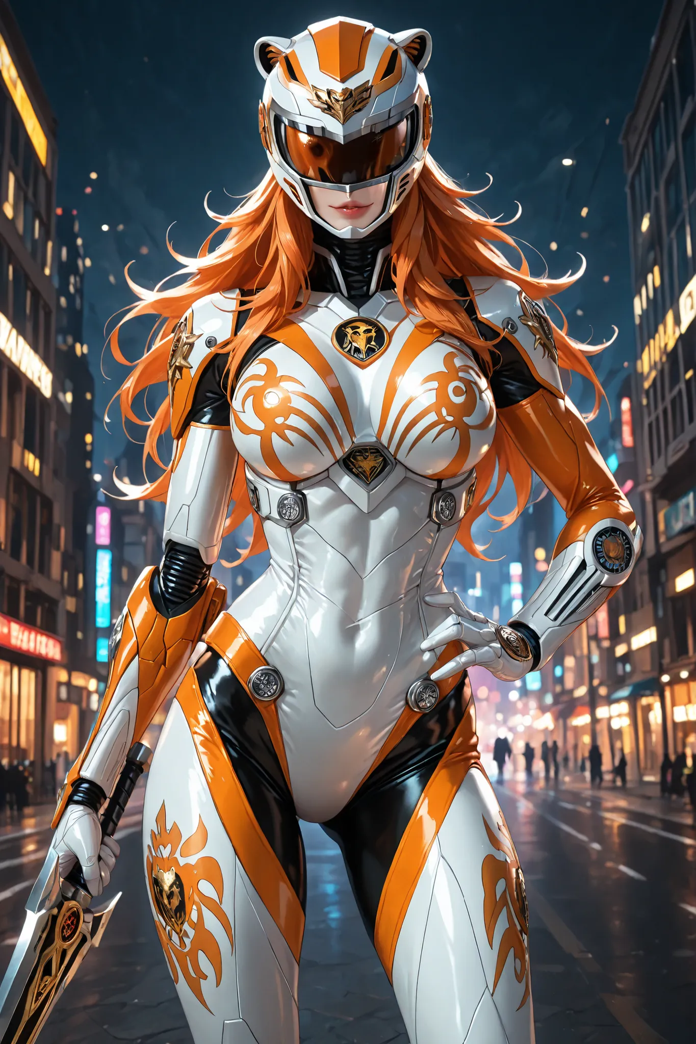 1girl, Nami, (power ranger suit:orange and white, lion motif,1.9), orange hair, long hair, stand on futuristik city, (best Anatomy,1.2), (fine fingers,1.3), (black saber weapon,1.9), seductive expression, (helmet on her arm and Hips,1.9), lion zord mech be...