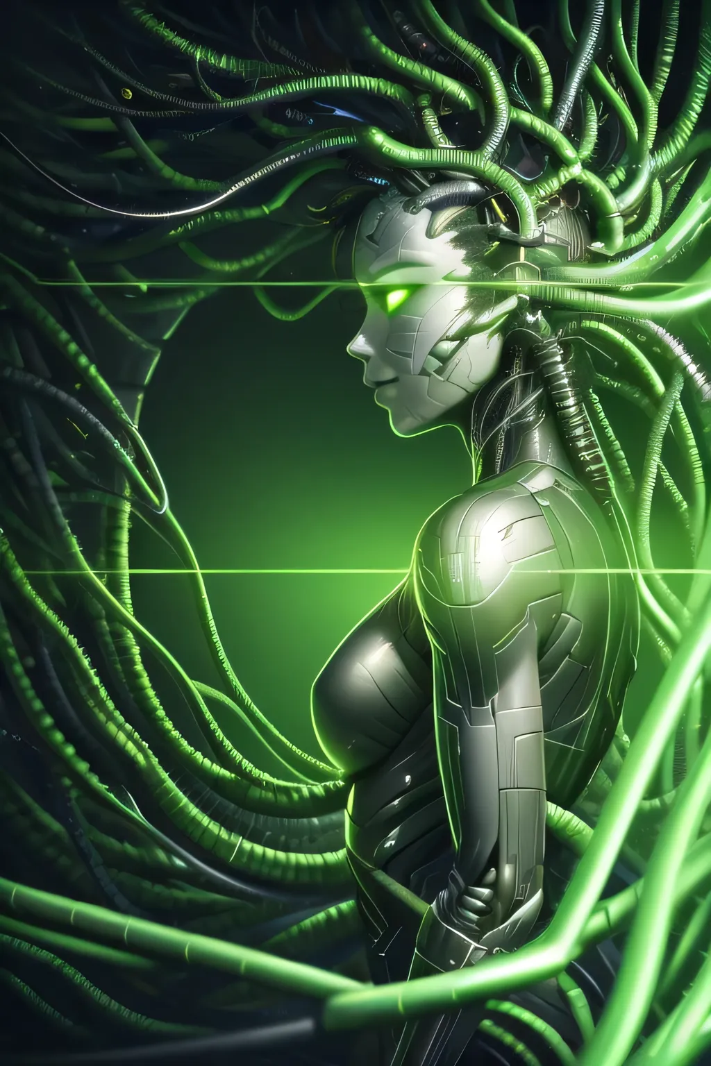 shodanSS_soul3142, masterpiece, best quality, highres, HDR, ultra-detailed, extremely detailed CG unity 8k wallpaper, perfect artwork, 1girl, glowing eyes, green theme, tube in head, cables, neon, science fiction, circuit board background, side view, curvy...