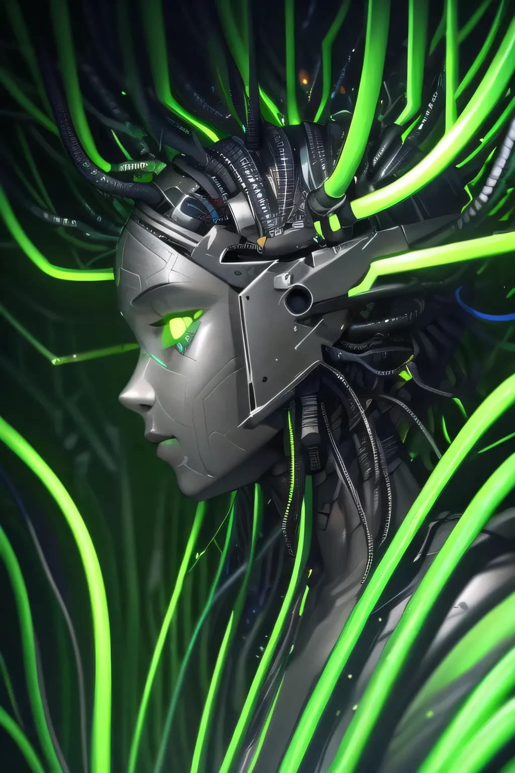 shodanSS_soul3142, masterpiece, best quality, highres, HDR, ultra-detailed, extremely detailed CG unity 8k wallpaper, perfect artwork, 1girl, glowing eyes, green theme, tube in head, cables, neon, science fiction, circuit board background, side view,