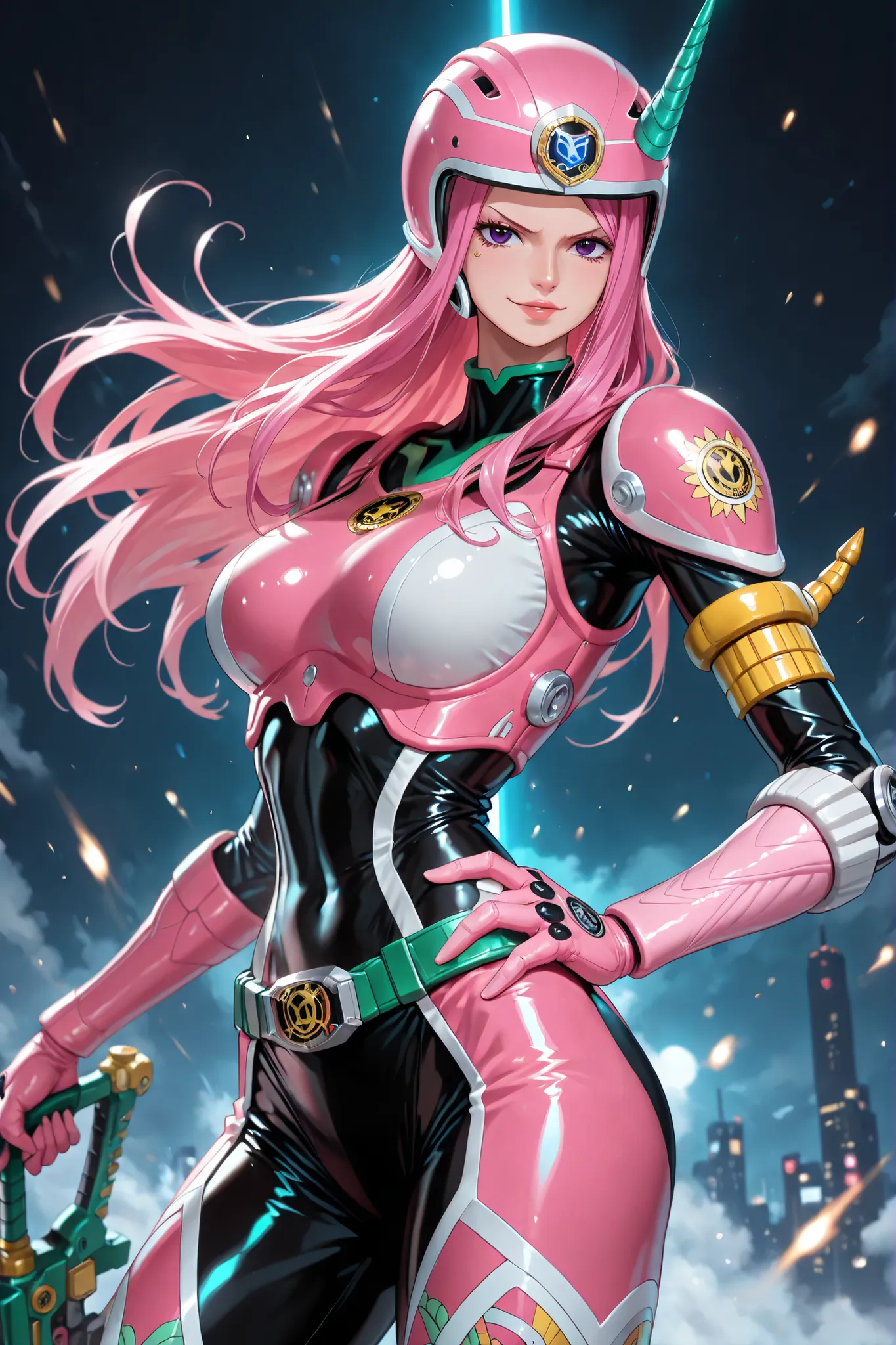 1girl, jewelry bonney, (power ranger suit:white and pink, unicorn motif,1.9), pink hair, long hair, stand on futuristik city, (best Anatomy,1.2), (fine fingers,1.3), (green saber weapon,1.9), seductive expression, ((helmet on her arm and Hips,1.9)), Unicor...
