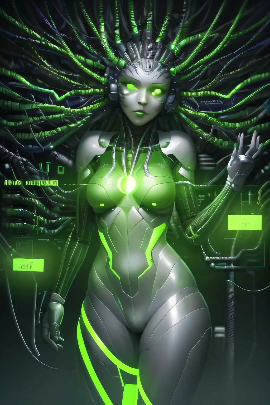 shodanSS_soul3142, masterpiece, best quality, highres, HDR, ultra-detailed, extremely detailed CG unity 8k wallpaper, perfect artwork, 1girl, glowing eyes, green theme, tube in head, cables, neon, science fiction, circuit board background, curvy, petite