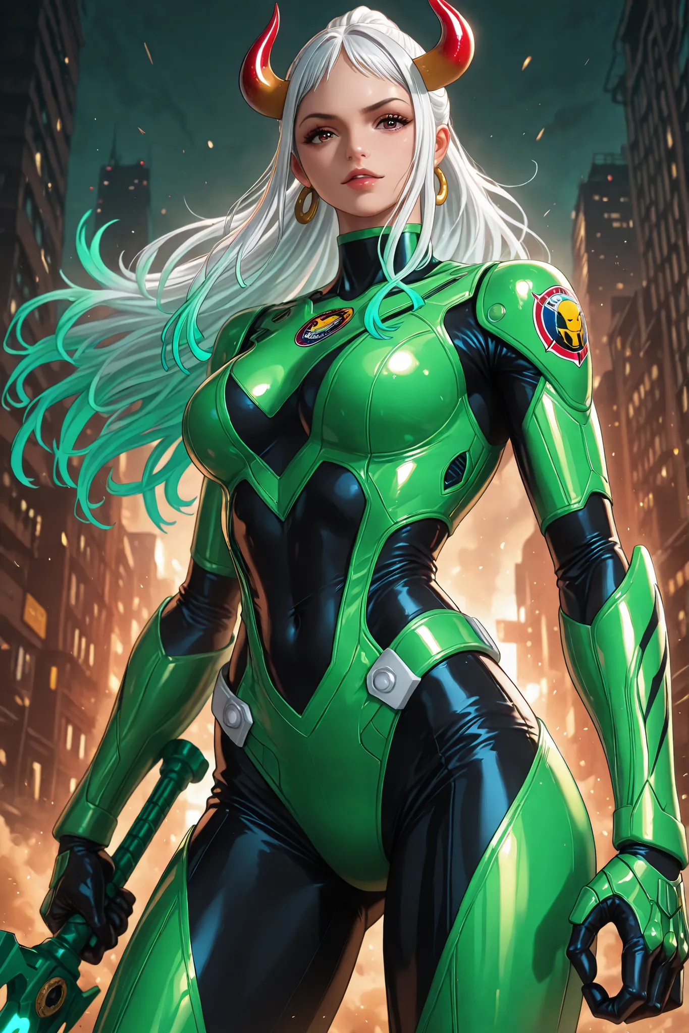 1girl, yamato, (power ranger suit:white and green, buffalo motif,1.9), white hair, long hair, stand on futuristik city, (best Anatomy,1.2), (fine fingers,1.3), (green saber weapon,1.9), seductive expression, buffalo zord mech behind her, best capture, ultr...