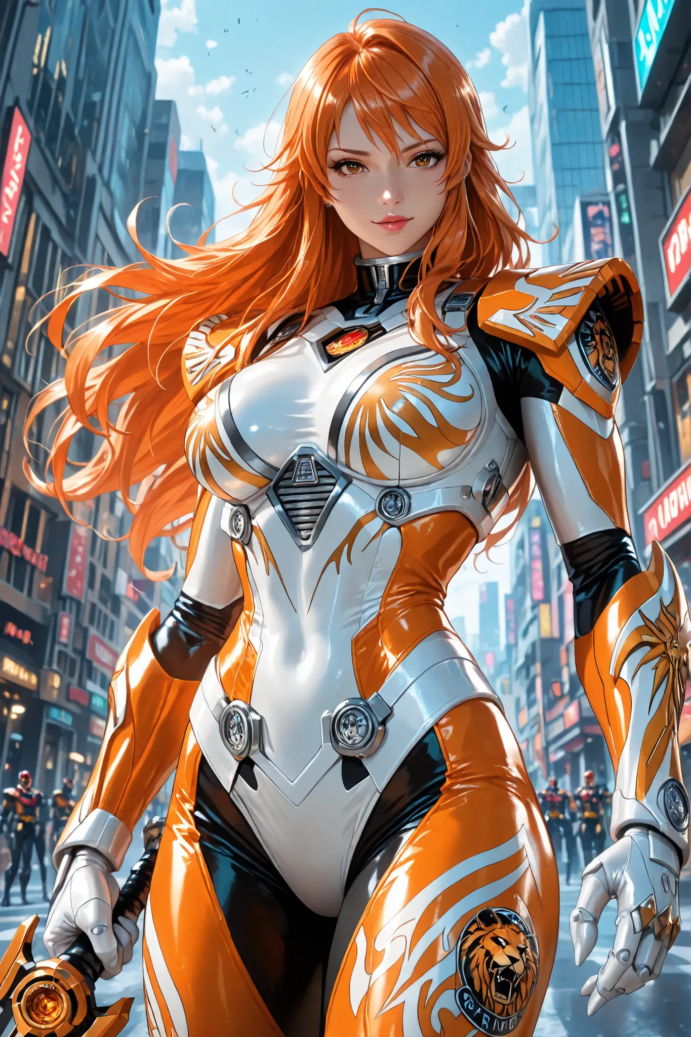 1girl, Nami, (power ranger suit:orange and white, lion motif,1.9), orange hair, long hair, stand on futuristik city, (best Anatomy,1.2), (fine fingers,1.3), (black saber weapon,1.9), seductive expression, lion zord mech behind her, best capture, ultra HD, ...