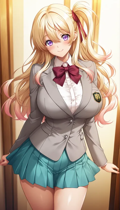 masterpiece, best quality, good quality, 1girl, Hanemiya Tsukasa, blonde hair, side ponytail, violet eyes, large medium breast, beautiful breast, perfect ratio, slim, game cg style, blush, horny, slutty, smile, light teal pleated skirt, teal-turquoise ruff...