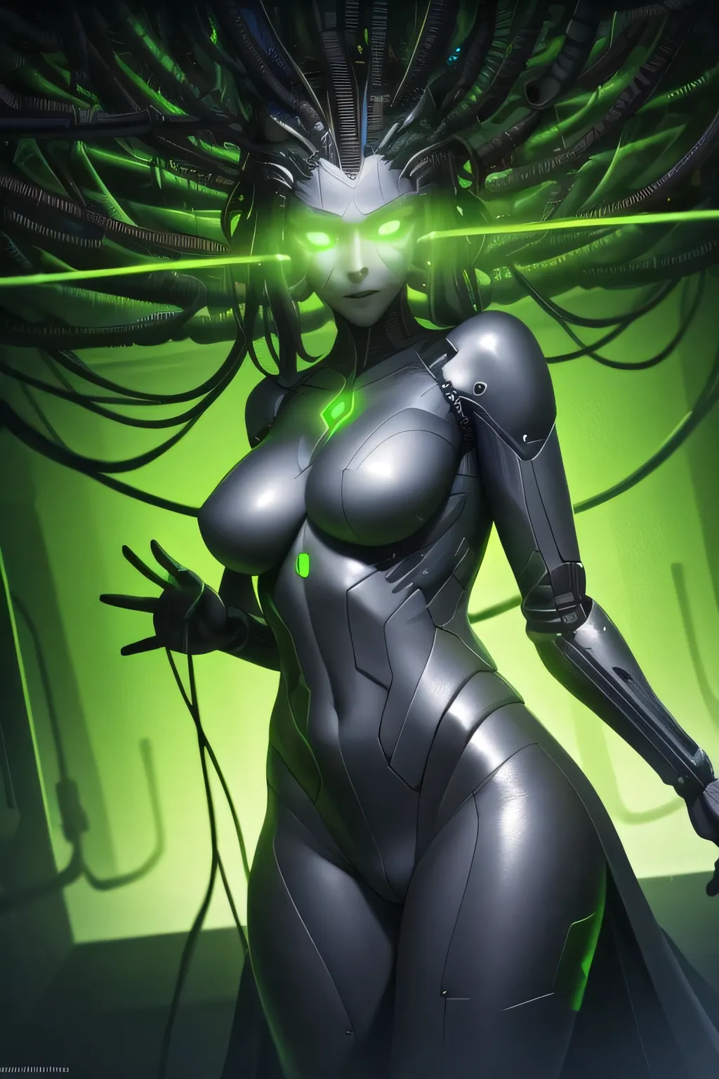 shodanSS_soul3142, masterpiece, best quality, highres, HDR, ultra-detailed, extremely detailed CG unity 8k wallpaper, perfect artwork, 1girl, glowing eyes, green theme, tube in head, cables, neon, science fiction, perfect breasts, petite, robe