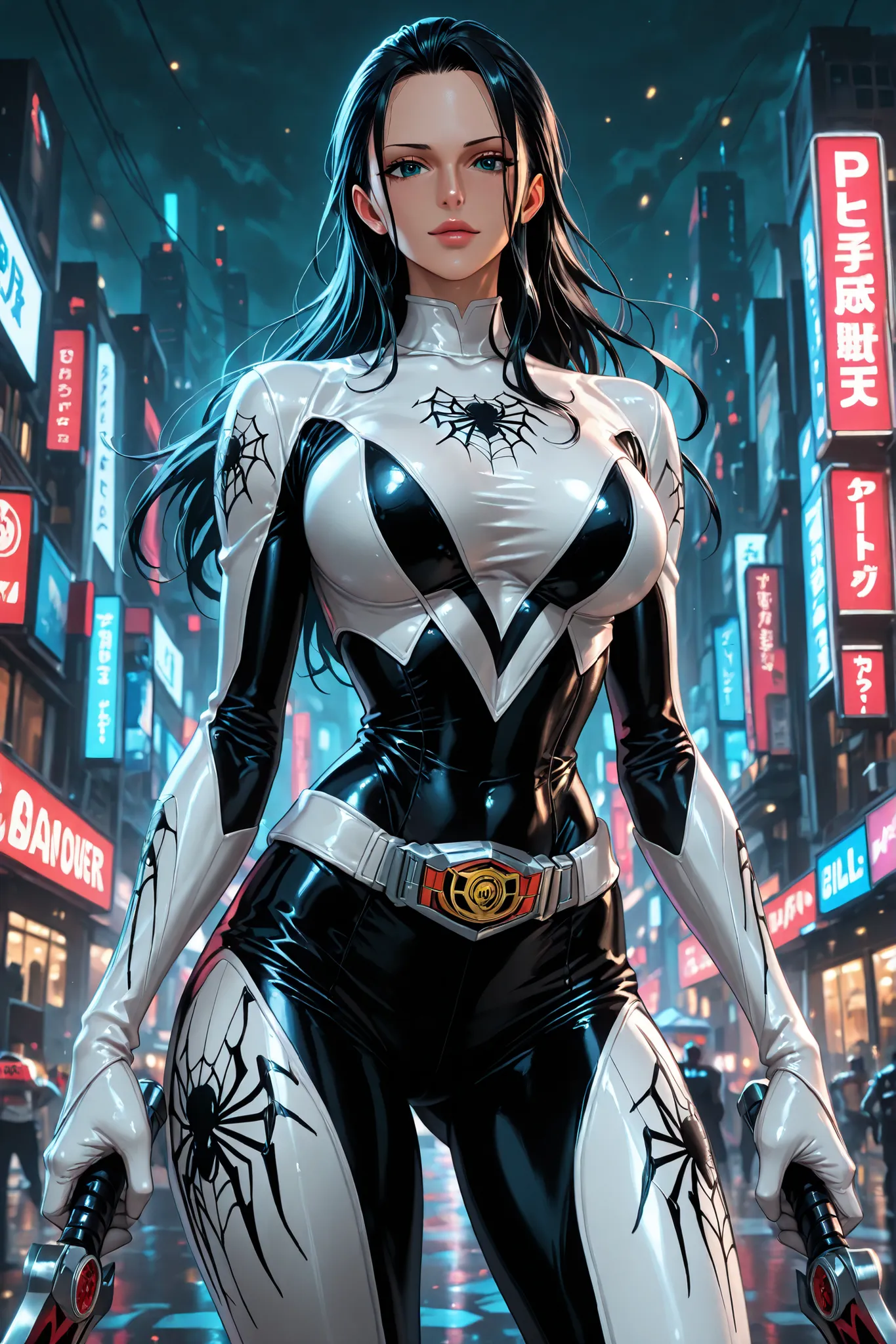 1girl, Nico Robin, (power ranger suit:black and white, spider motif,1.9), black hair, long hair, stand on futuristik city, (best Anatomy,1.2), (fine fingers,1.3), (black saber weapon,1.9), seductive expression, spider zord mech behind her, best capture, ul...