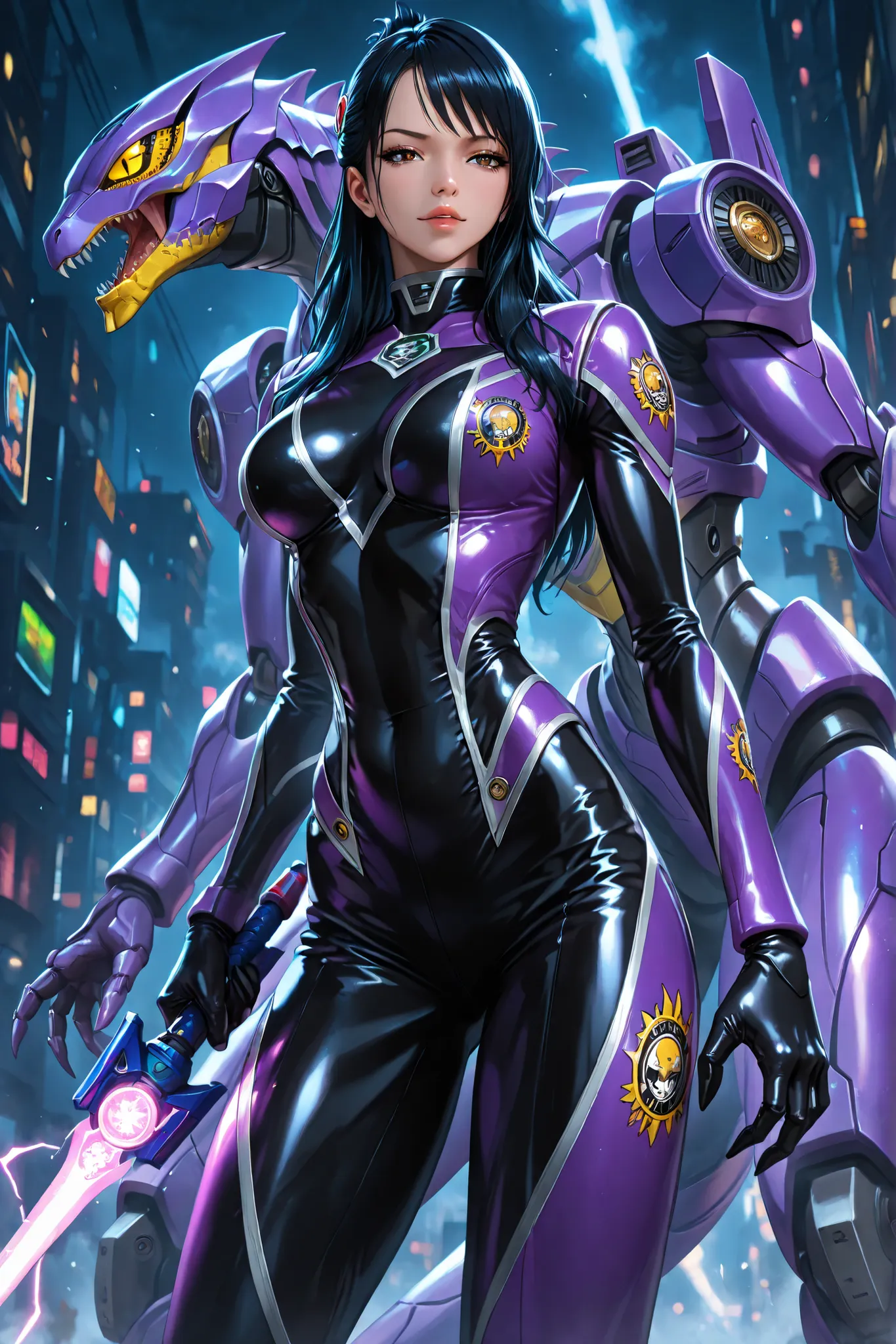 1girl, Tashigi, (power ranger suit:violet and black, Lizard motif,1.9), black hair, long hair, stand on futuristik city, (best Anatomy,1.2), (fine fingers,1.3), (violet saber weapon,1.9), seductive expression, lizard zord mecha behind her, best capture, ul...