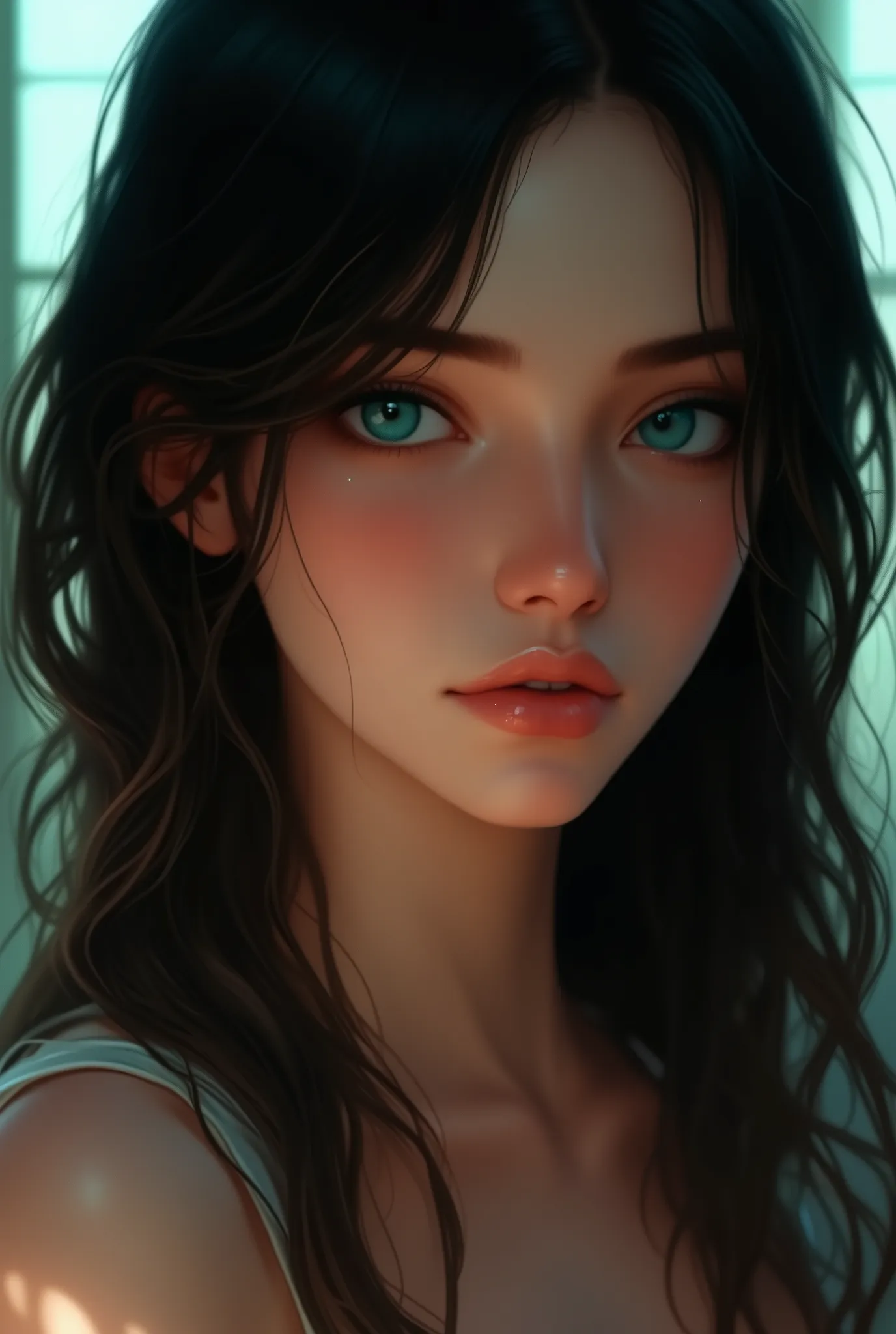 The image is a digital illustration that depicts a beautiful young girl with long dark hair. She has expressive turquoise almond-shaped eyes. Expressive makeup. Black eyeliner. Dark eyebrows. The lips of a natural shade are slightly parted. An indifferent ...