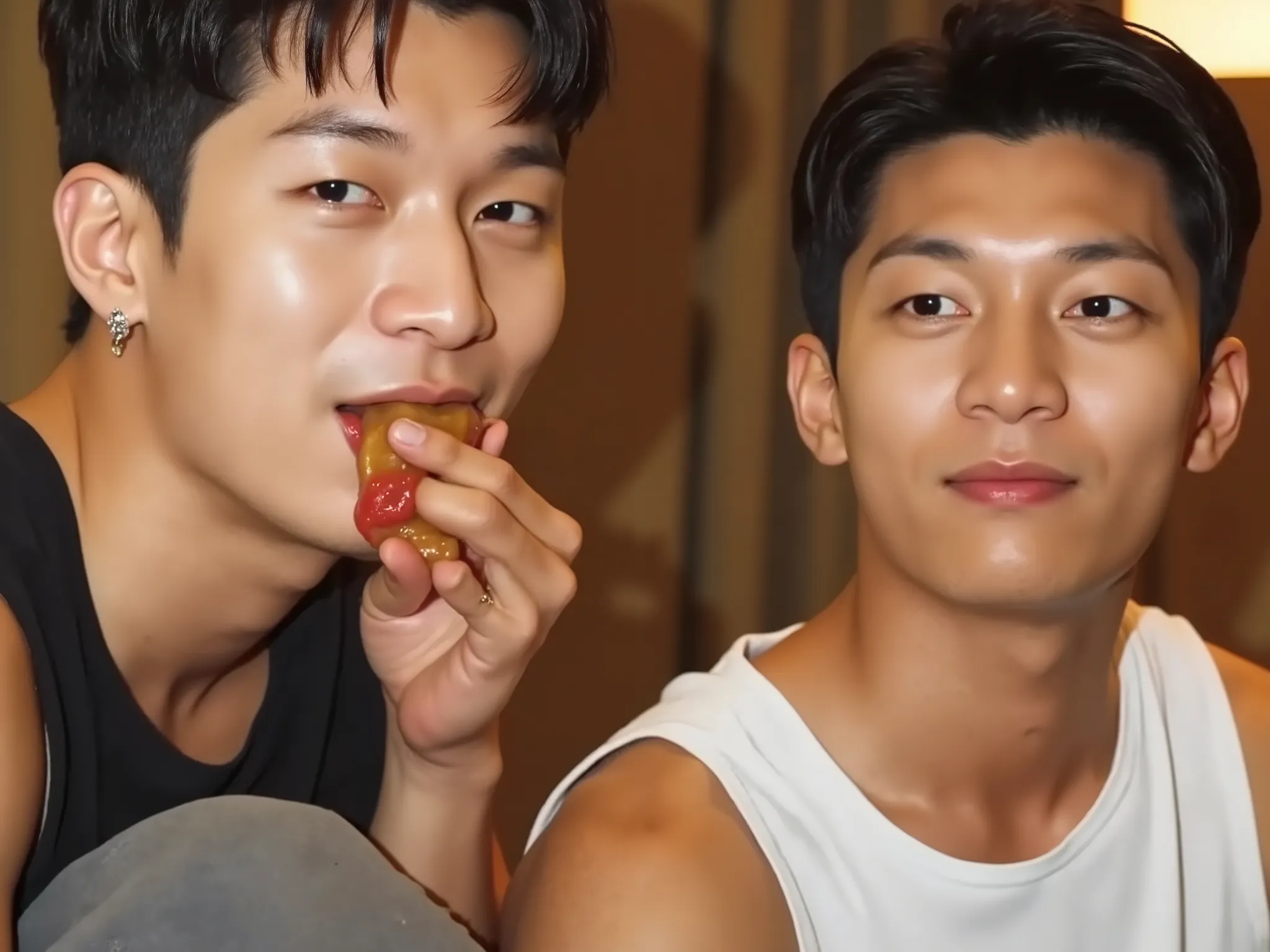 two  sexy japanese men shitting on the floor, huge dicks, sloppy, shit all on the floor. pissing on the floor, drool and slob dripping on the floor, they are very messy, big nose, strong jawline, big lips, fucking, sucking, snot dripping from their nose, c...