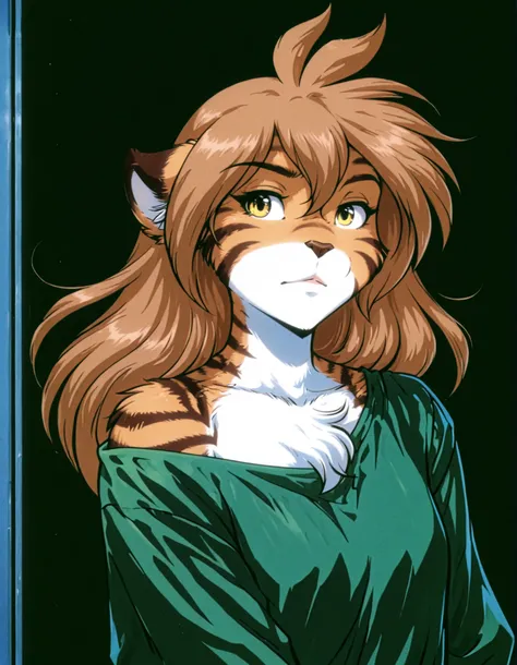 90s_melancholy, retro,,, masterpiece, best quality, very aesthetic, 1girl,, furry, solo, flora-twokinds, flora_twokinds,, tiger, striped fur, keidran, yellow eyes, anthro,, green shirt