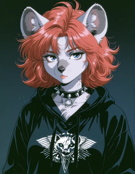 90s_melancholy, retro,,, 1girl, solo, anthro hyena, furry, furry female, blue eyes, punk, grey fur, black hoodie, breast, spike collar, red hair,