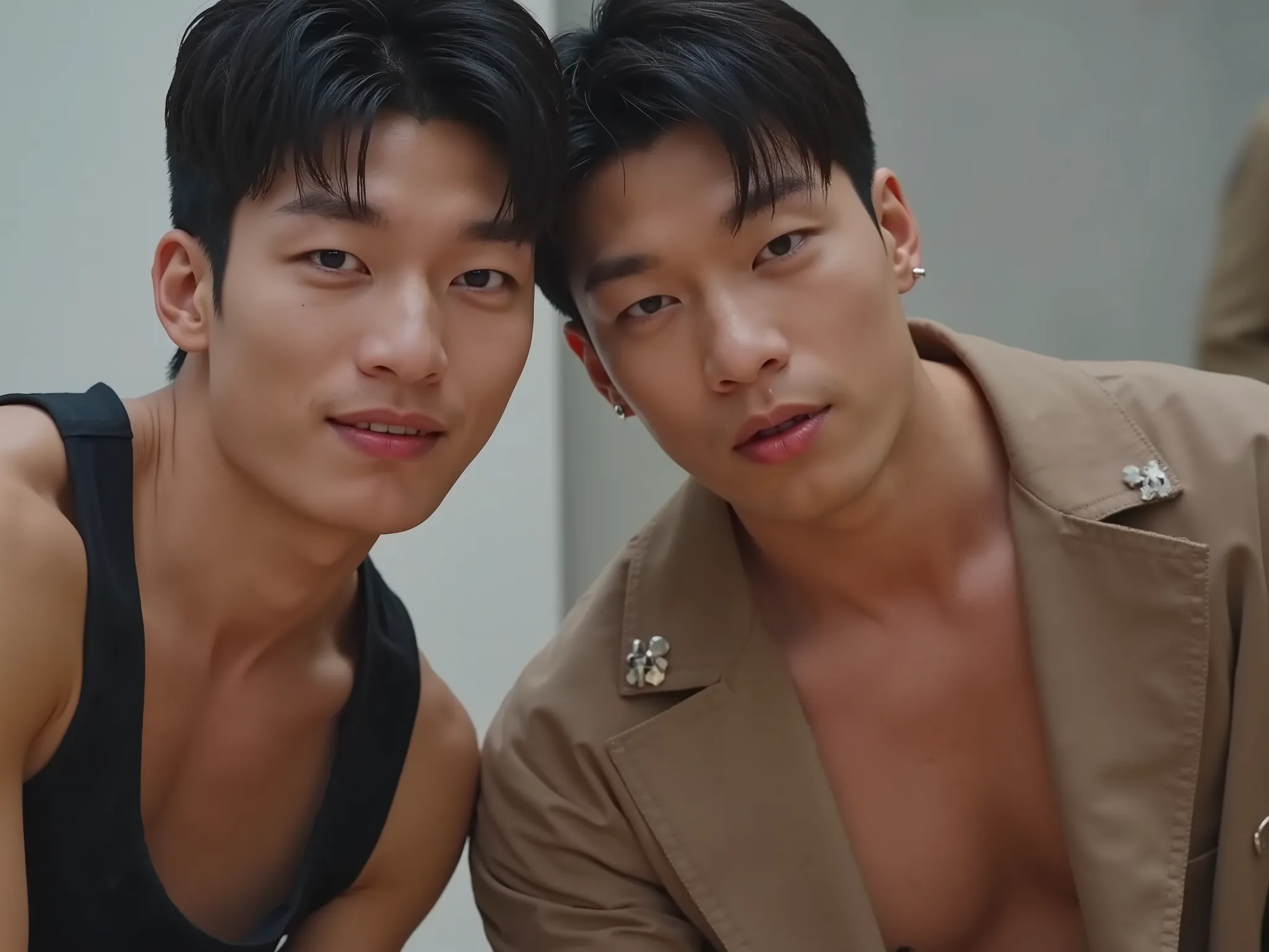 two  sexy japanese men shitting on the floor, huge dicks, sloppy, shit all on the floor. pissing on the floor, drool and slob dripping on the floor, they are very messy, big nose, strong jawline, big lips, fucking, sucking, snot dripping from their nose, c...
