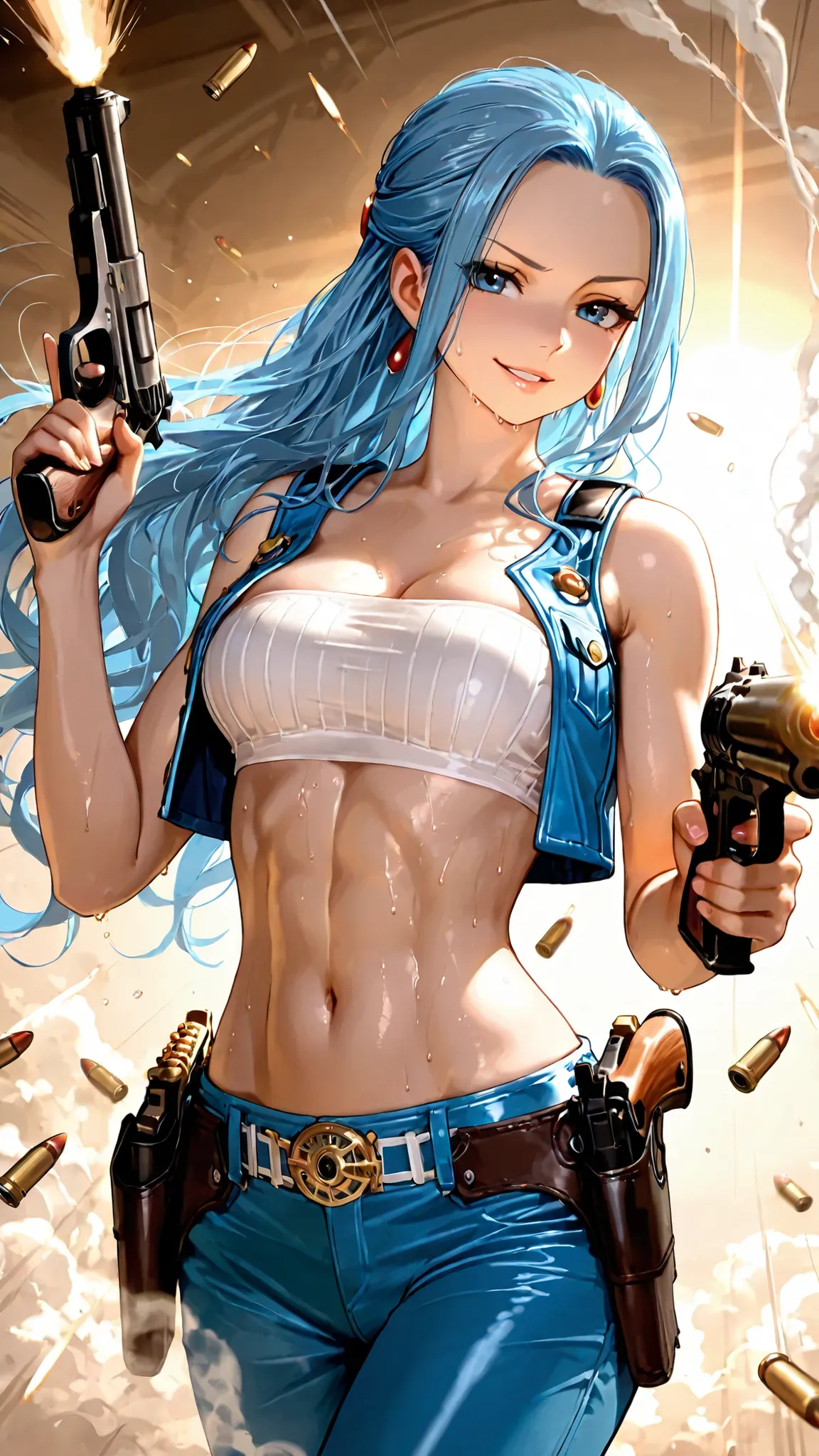 masterpiece, ultra detailed, best quality, 1girl, Nefertari Vivi, seductive cowgirl, blue leather vest, white bandeau top, gun holsters, dual wielding revolvers, walking gunslinger pose, bullet time effect, slow motion action, flying bullets with motion tr...