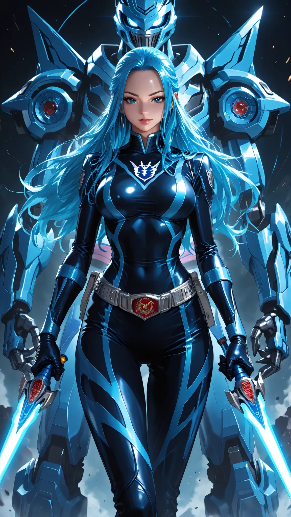 1girl, Nefertari Vivi, (power ranger suit:blue and black, wolf motif,1.9), blue hair, long hair, stand on futuristik city, (best Anatomy,1.2), (fine fingers,1.3), (blue saber weapon,1.9), seductive expression, Wolf zord mecha behind her, best capture, ultr...