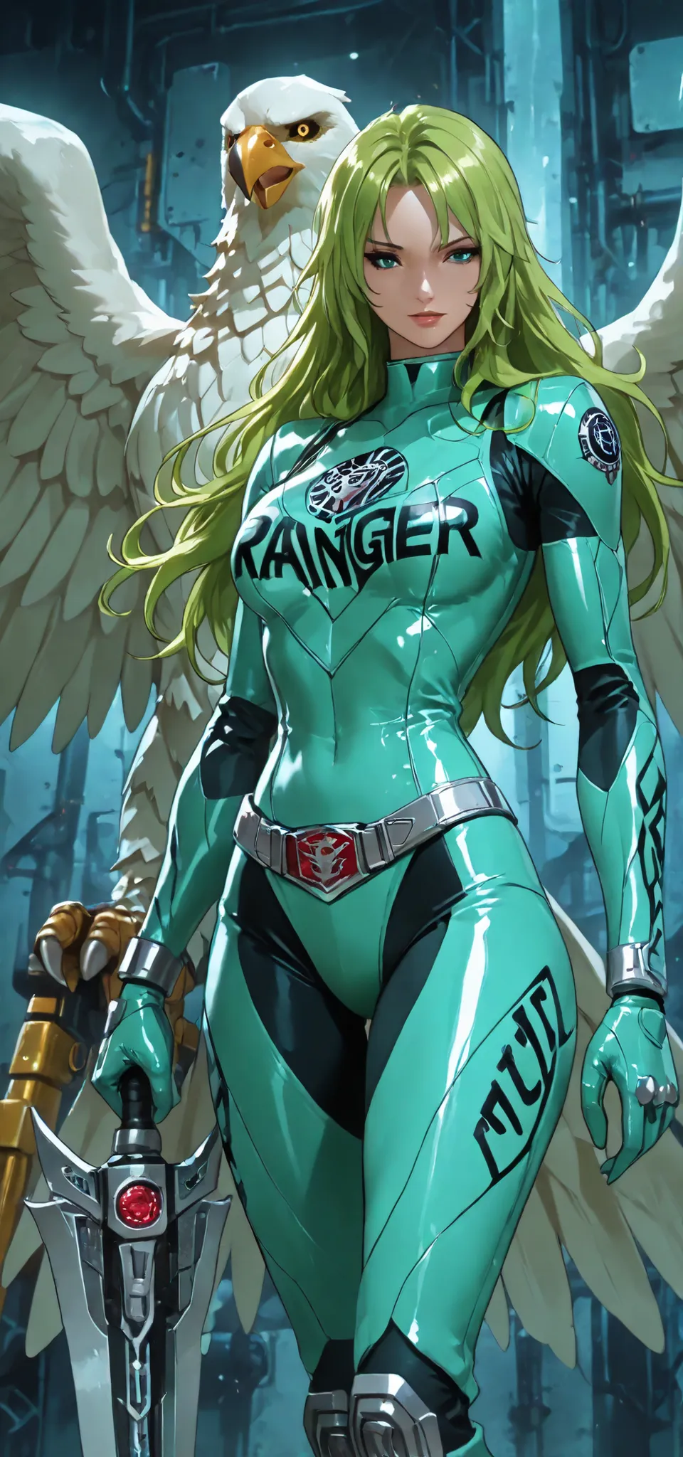 1girl, Monet, (power ranger suit:green and turquoise, eafle motif,1.9), green hair, long hair, stand on futuristik city, (best Anatomy,1.2), (fine fingers,1.3), (Eagle saber weapon,1.9), seductive expression, Eagle zord mecha behind her, best capture, ultr...