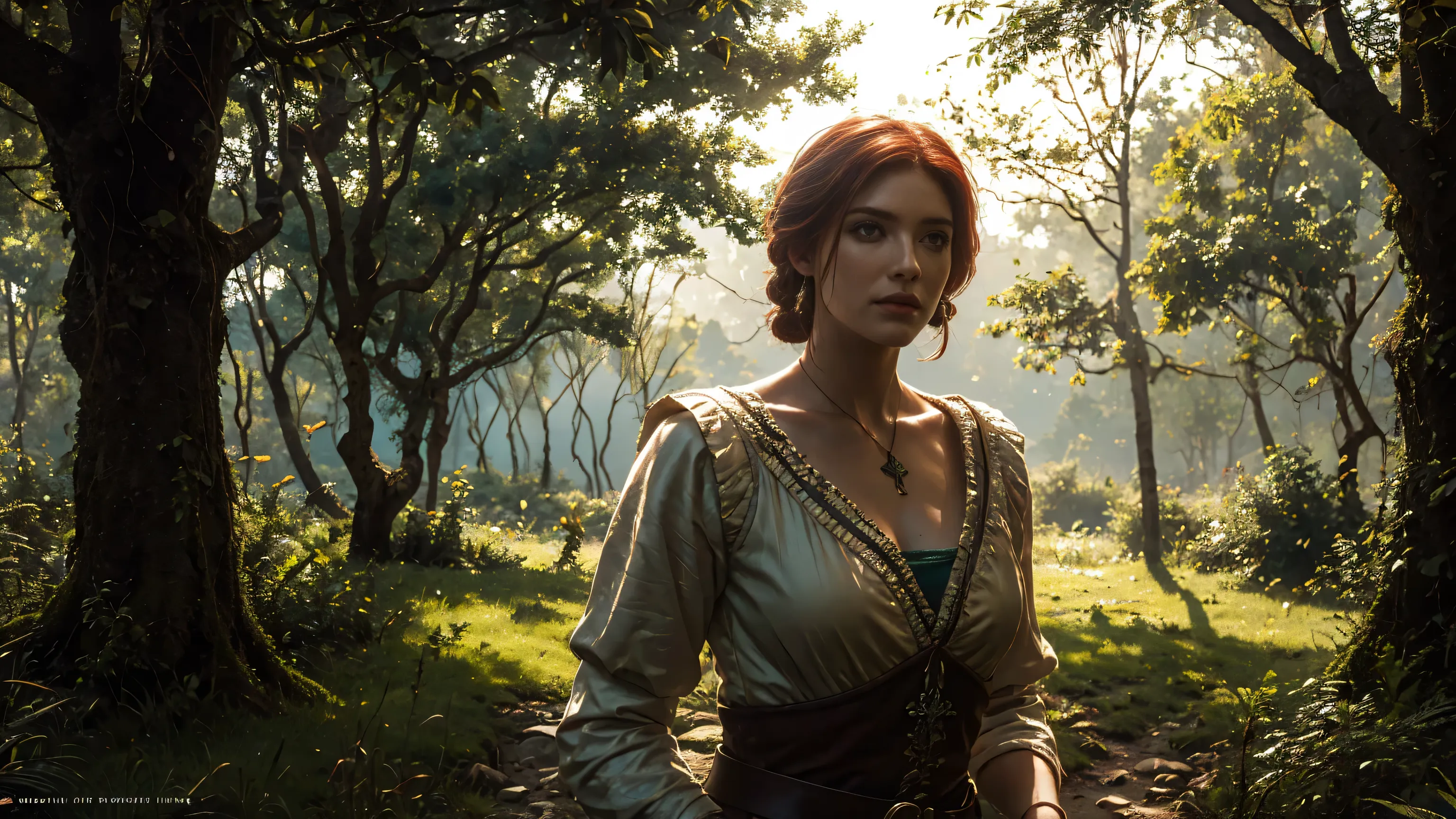 triss marigold, beautiful sorceress from the witcher 3 game, standing in a lush forest with sunlight filtering through the trees, intricate facial features, serene expression, flowing red hair, elegant robe, detailed fantasy environment, professional digit...