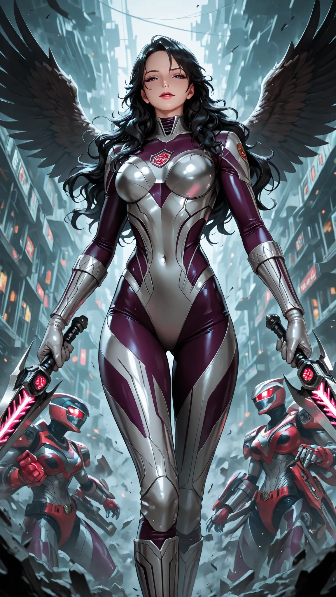 1girl, Alvida, (power ranger suit:black and grey, rhinos motif,1.9), black wavy hair, long hair, stand on futuristik city, (best Anatomy,1.2), (fine fingers,1.3), (Eagle saber weapon,1.9), seductive expression, Dinosaurus zord mecha behind her, best captur...