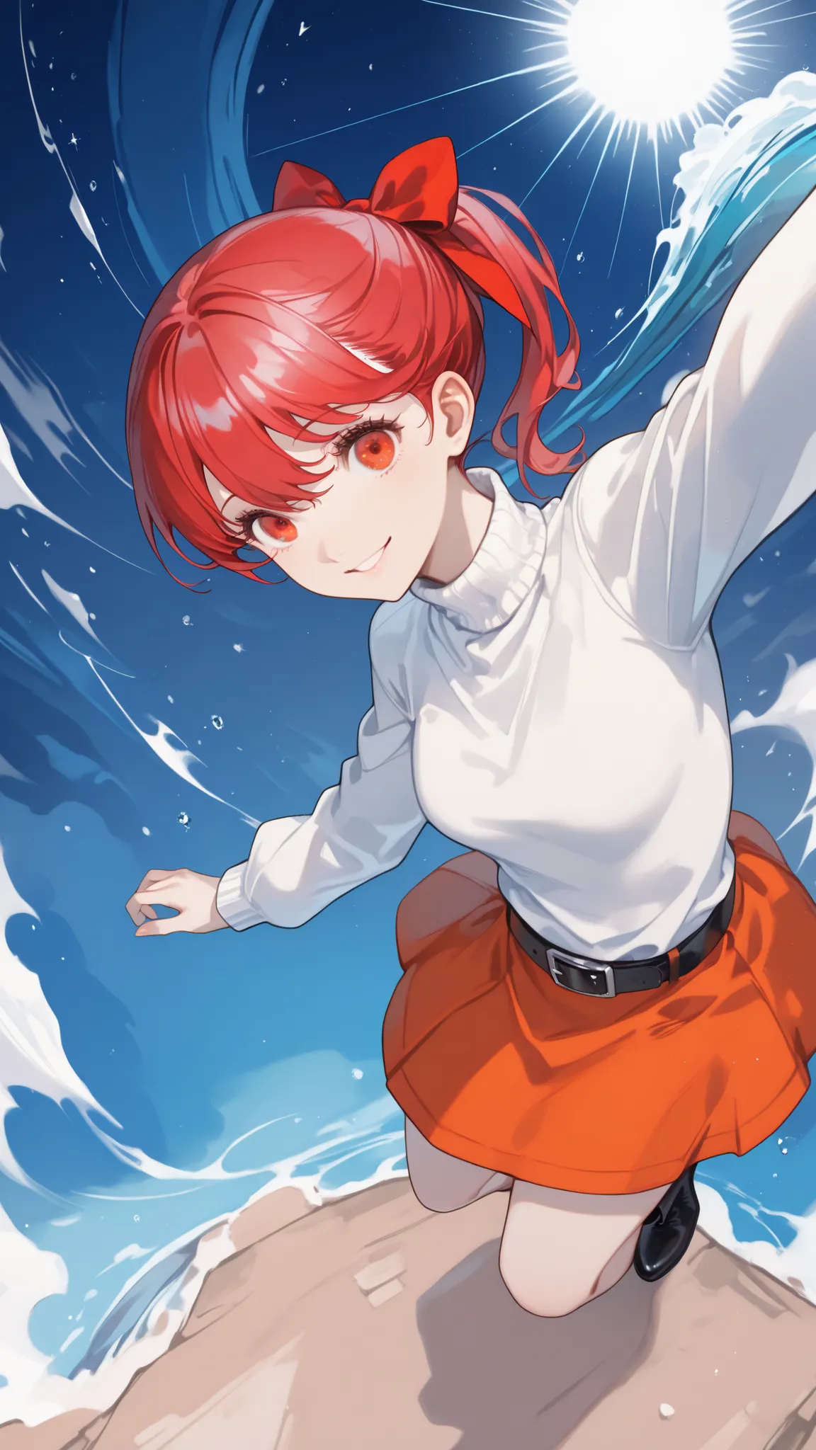 smile,Eyes Like a Jewel,Red hair,Red hair bow,Beautiful Eyes,white sweater, Turtleneck Sweater, long sleeve, Black Belt, Orange Skirt, black footwear, Ankle Boots,,A world where sky and sea mix,Volumetric Lighting:1.6