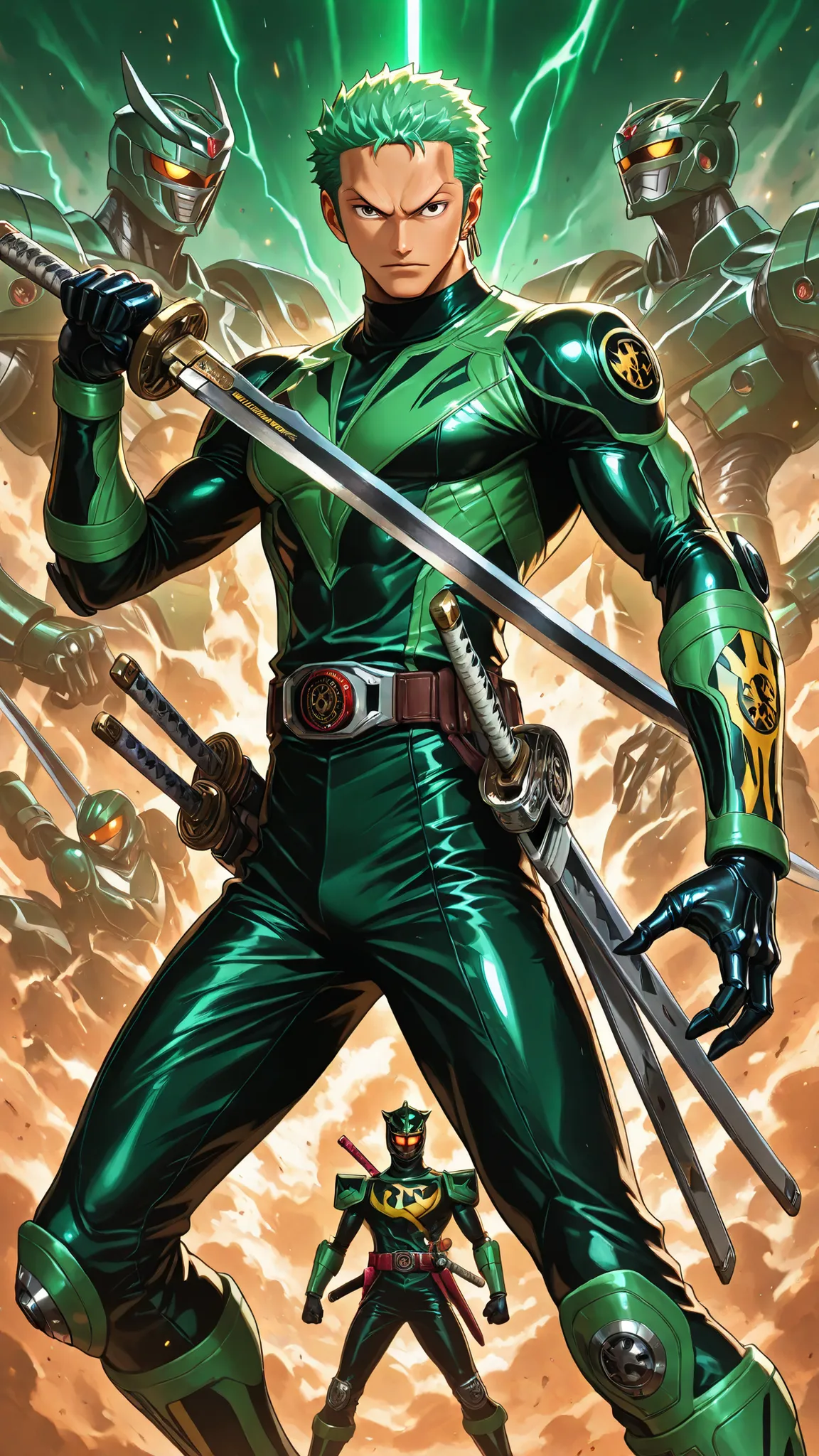 1boy, Zoro, (power ranger suit:dark green and black, Samurai motif,1.9), green hair, stand on futuristik city, (best Anatomy,1.2), (fine fingers,1.3), (Samurai saber weapon,1.9), brave expression, Samurai zord mecha behind her, best capture, ultra HD, 16K,...