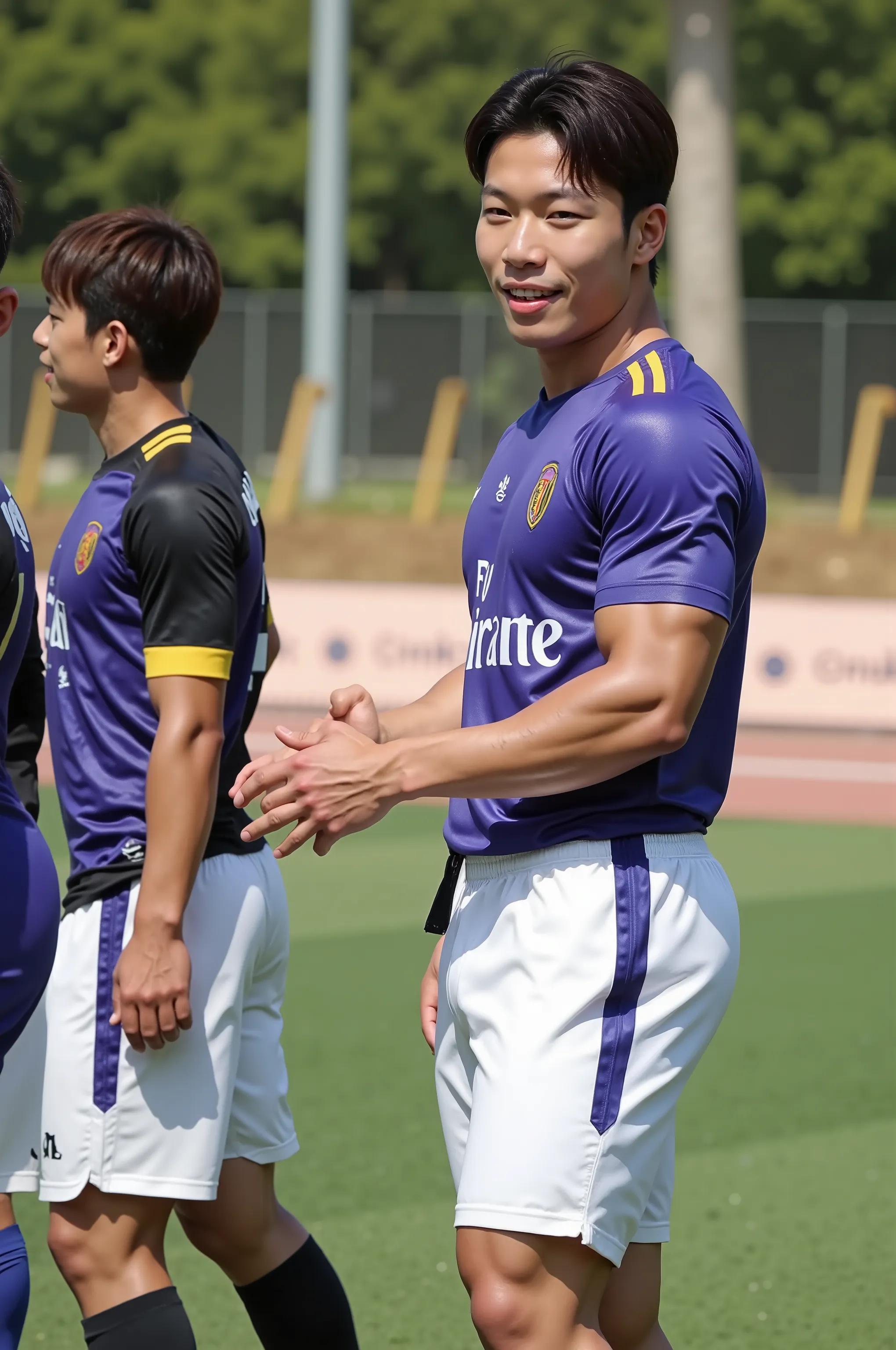 young, boy,all nationality are japanese, soccer player, handsome japanese boys, standing on the soccercourt, boy group, 4 people, a sunny and handsome boy，about 22 years old， short hair，Full body photo composition，solid color background，8k， HD, soccer unif...