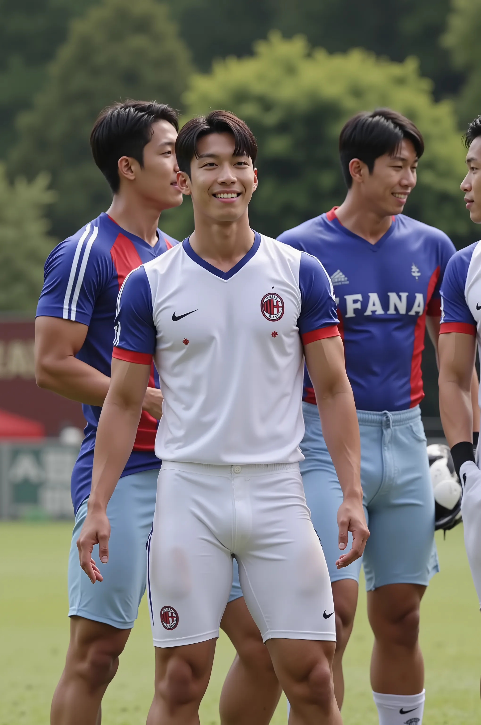 young, boy,all nationality are japanese, soccer player, handsome japanese boys, standing on the soccercourt, boy group, 4 people, a sunny and handsome boy，about 22 years old， short hair，Full body photo composition，solid color background，8k， HD, soccer unif...