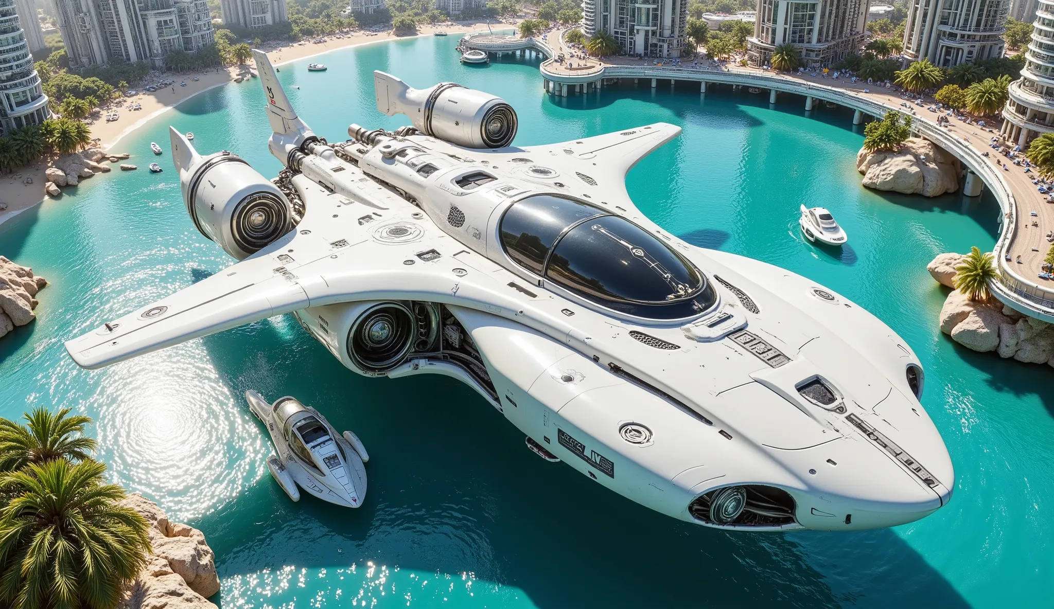 pinkmechalux, A breathtaking, ultra-detailed depiction of a futuristic coastal city, featuring a massive, sleek white spacecraft hovering over crystal-clear turquoise waters. The spacecraft is aerodynamically designed with an elongated body and pronounced ...